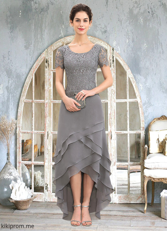 Susan A-Line Scoop Neck Asymmetrical Chiffon Lace Mother of the Bride Dress With Cascading Ruffles STF126P0014757