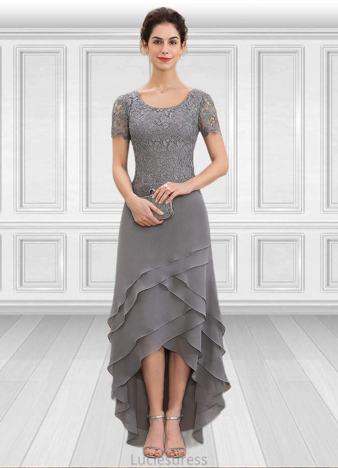 Taylor A-Line Scoop Neck Asymmetrical Chiffon Lace Mother of the Bride Dress With Cascading Ruffles HF126P0014757