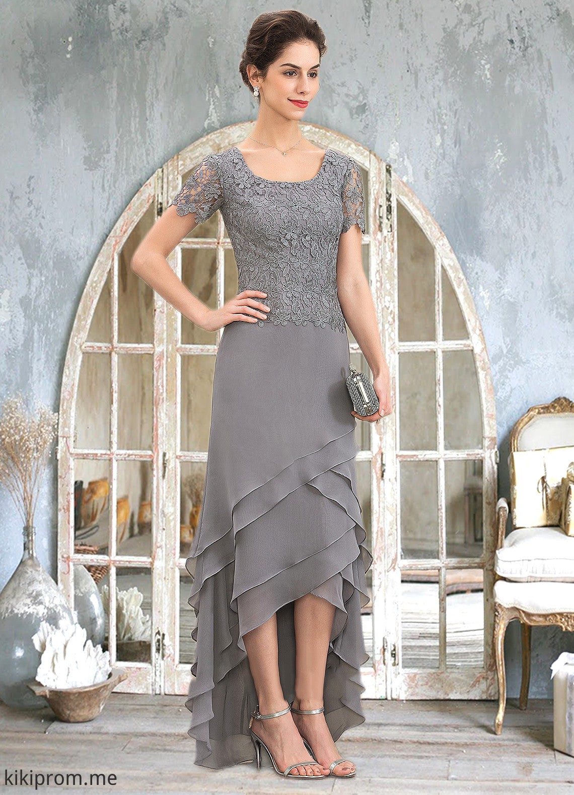 Susan A-Line Scoop Neck Asymmetrical Chiffon Lace Mother of the Bride Dress With Cascading Ruffles STF126P0014757