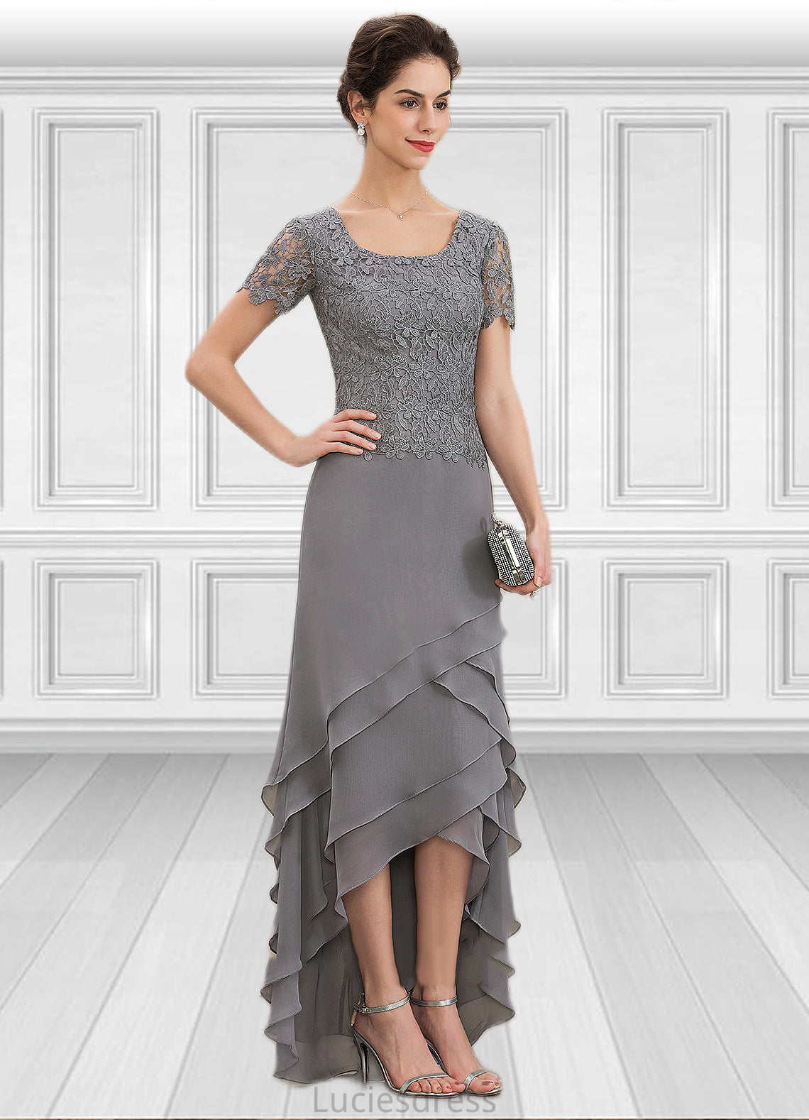 Taylor A-Line Scoop Neck Asymmetrical Chiffon Lace Mother of the Bride Dress With Cascading Ruffles HF126P0014757