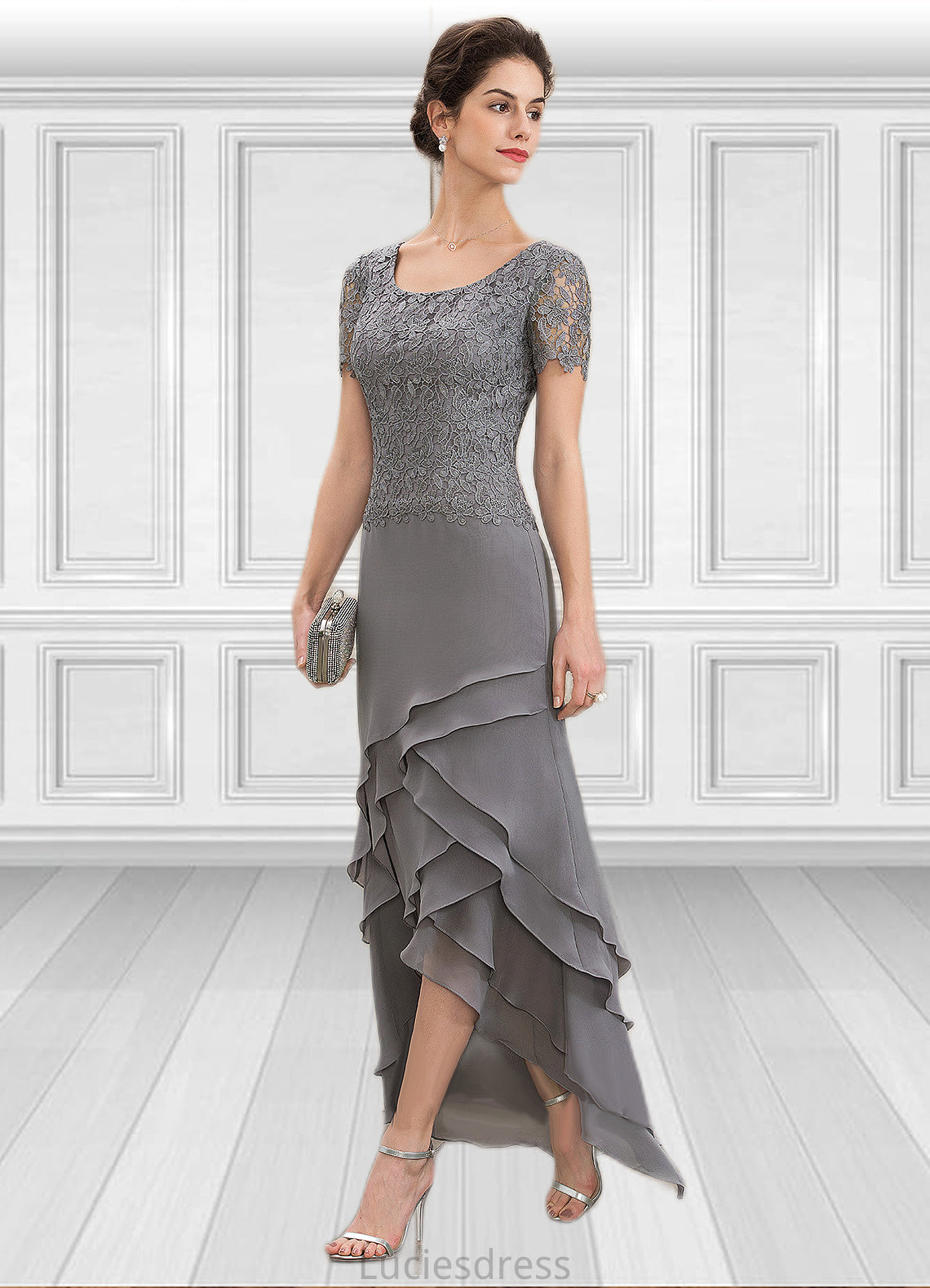 Taylor A-Line Scoop Neck Asymmetrical Chiffon Lace Mother of the Bride Dress With Cascading Ruffles HF126P0014757