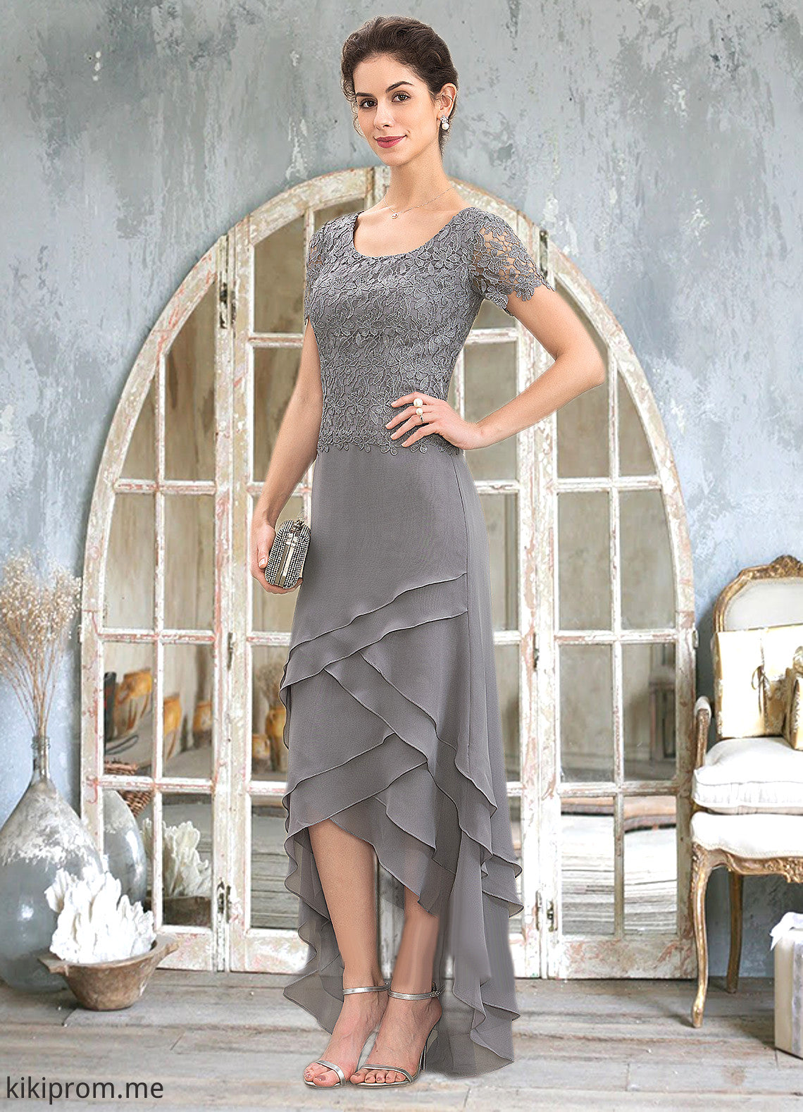 Susan A-Line Scoop Neck Asymmetrical Chiffon Lace Mother of the Bride Dress With Cascading Ruffles STF126P0014757