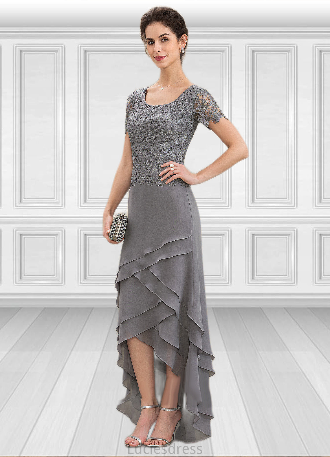 Taylor A-Line Scoop Neck Asymmetrical Chiffon Lace Mother of the Bride Dress With Cascading Ruffles HF126P0014757