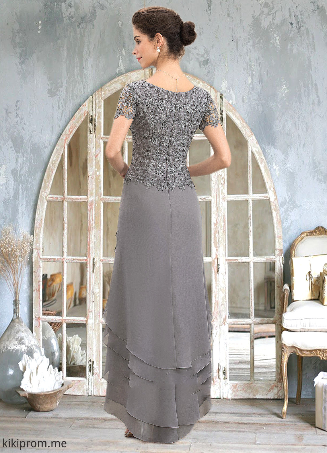 Susan A-Line Scoop Neck Asymmetrical Chiffon Lace Mother of the Bride Dress With Cascading Ruffles STF126P0014757