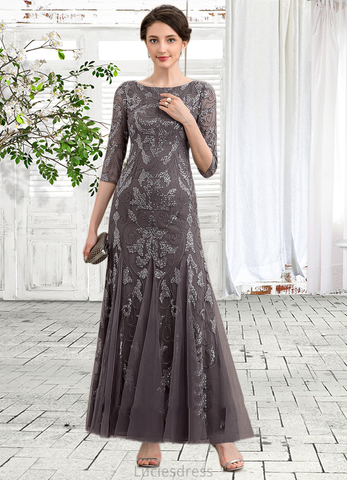 Aryana Sheath/Column Scoop Neck Ankle-Length Tulle Sequined Mother of the Bride Dress HF126P0014758