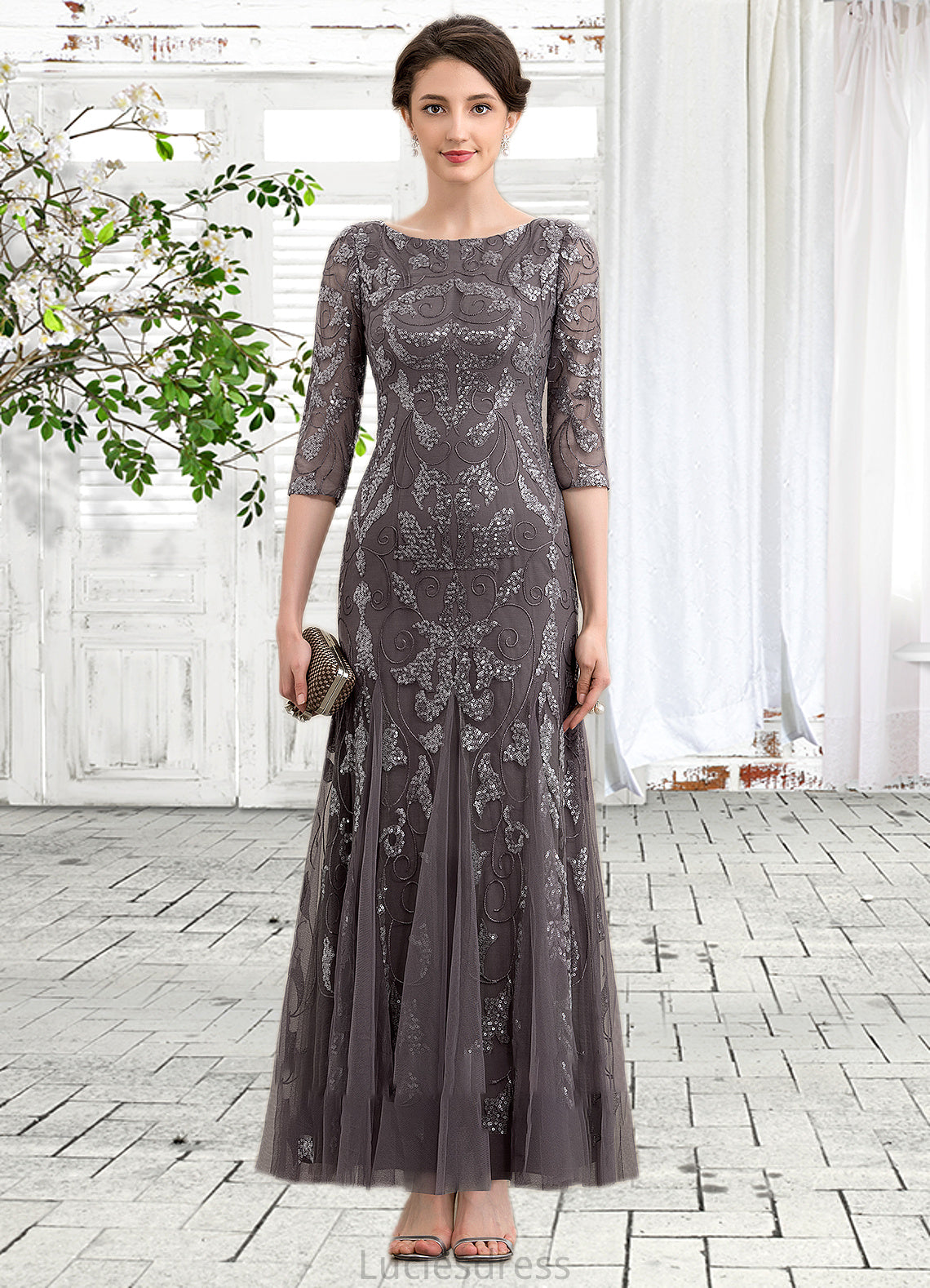 Aryana Sheath/Column Scoop Neck Ankle-Length Tulle Sequined Mother of the Bride Dress HF126P0014758