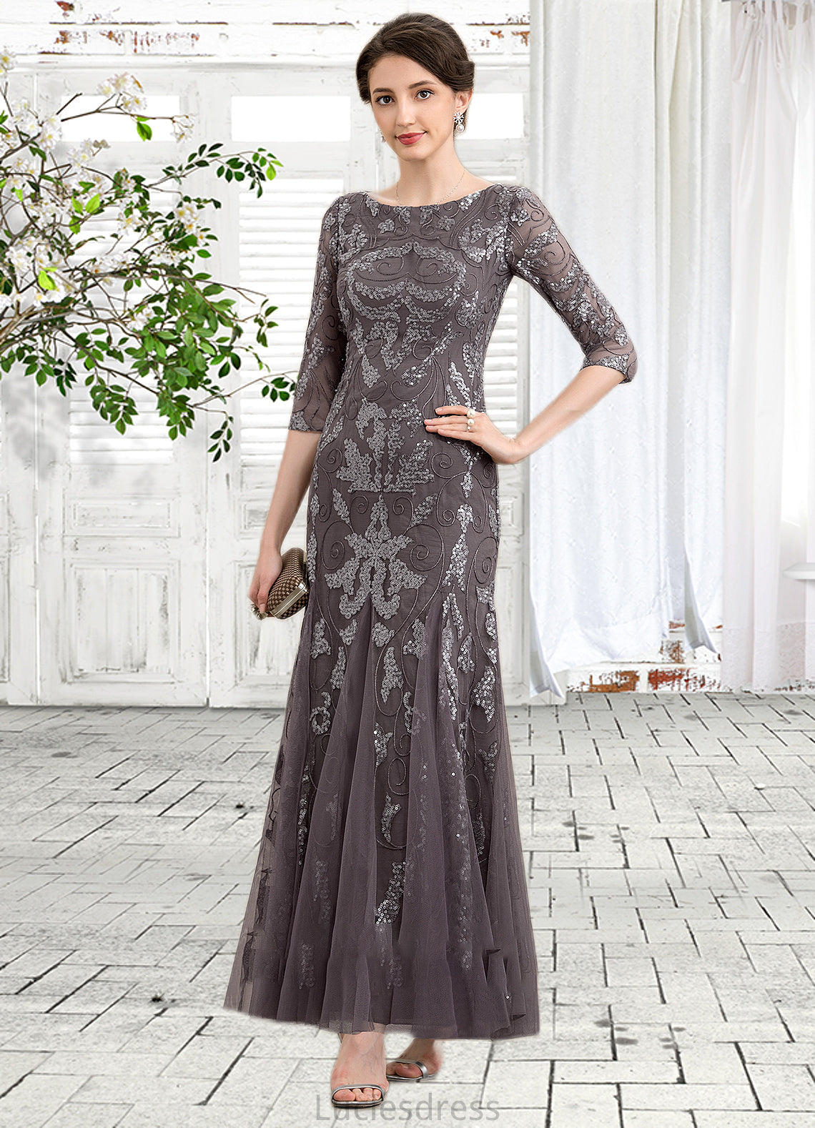 Aryana Sheath/Column Scoop Neck Ankle-Length Tulle Sequined Mother of the Bride Dress HF126P0014758