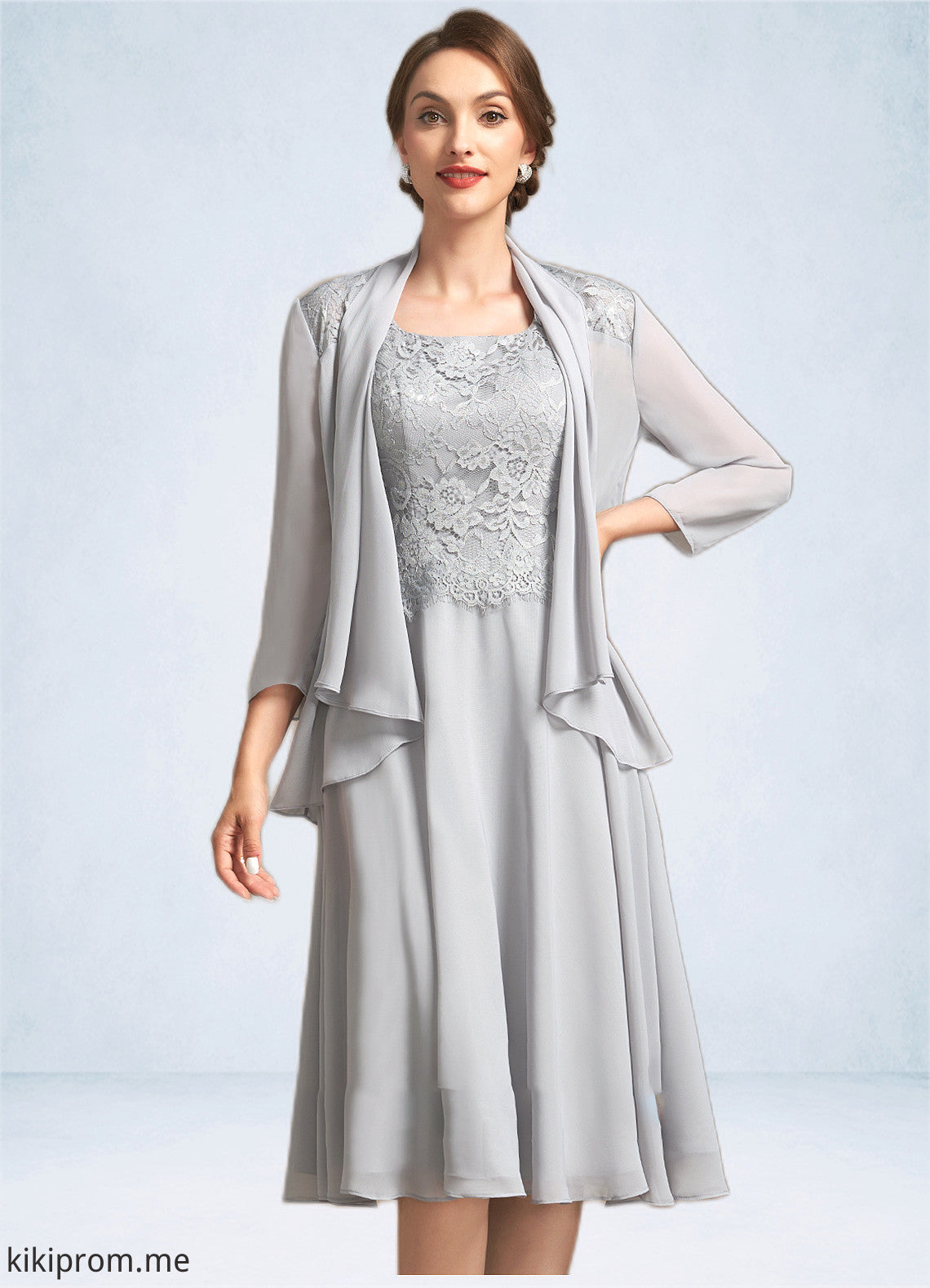 Amira A-Line Square Neckline Knee-Length Chiffon Lace Mother of the Bride Dress STF126P0014759