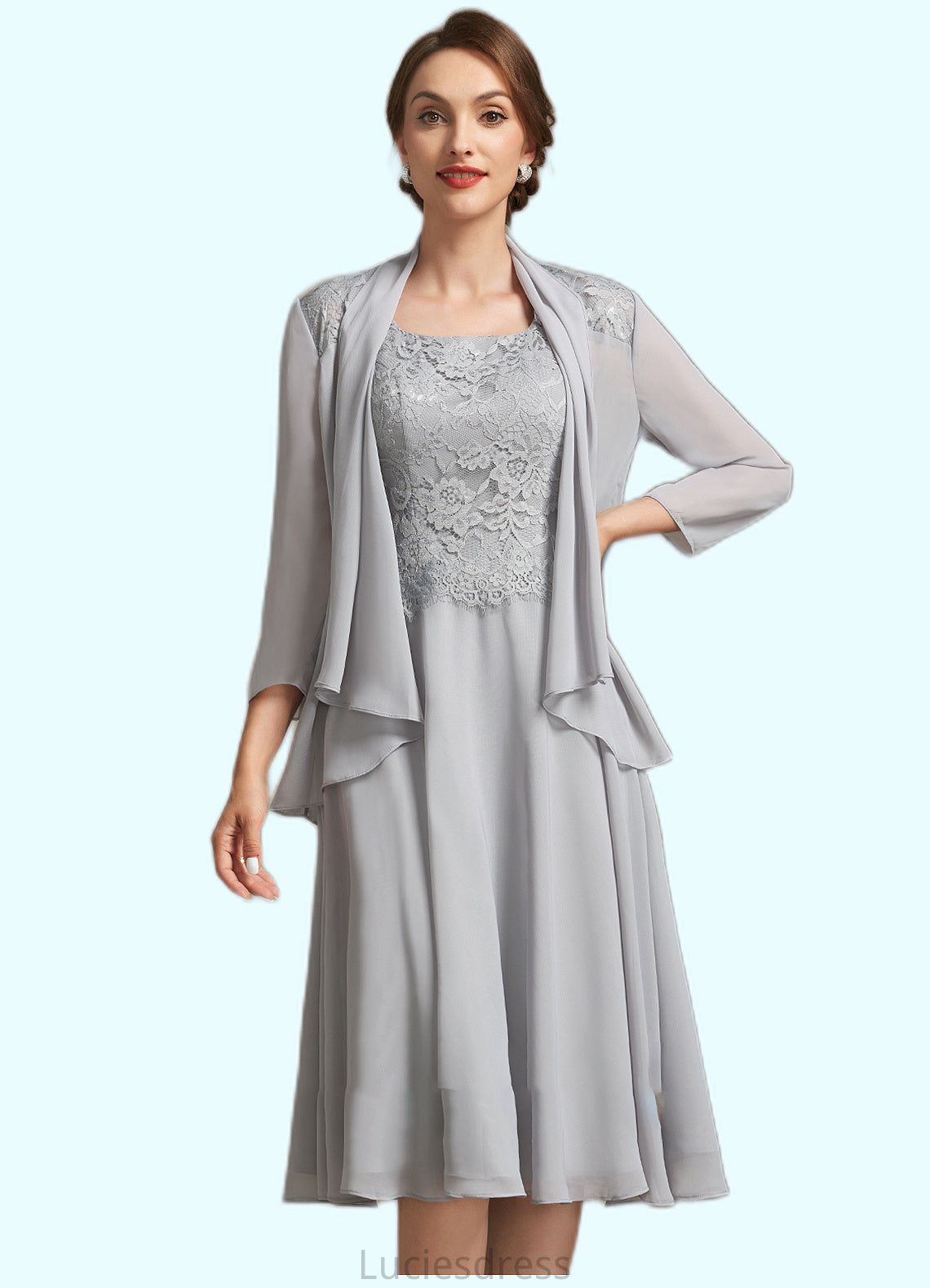 Madeleine A-Line Square Neckline Knee-Length Chiffon Lace Mother of the Bride Dress HF126P0014759