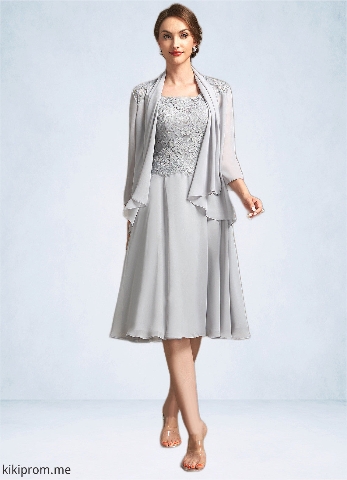 Amira A-Line Square Neckline Knee-Length Chiffon Lace Mother of the Bride Dress STF126P0014759