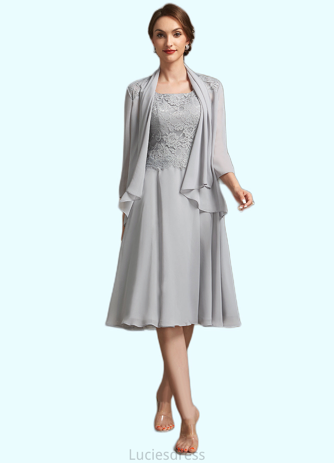 Madeleine A-Line Square Neckline Knee-Length Chiffon Lace Mother of the Bride Dress HF126P0014759