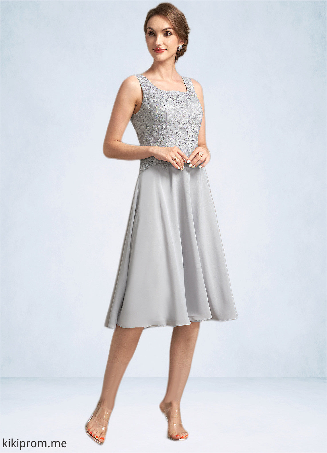 Amira A-Line Square Neckline Knee-Length Chiffon Lace Mother of the Bride Dress STF126P0014759