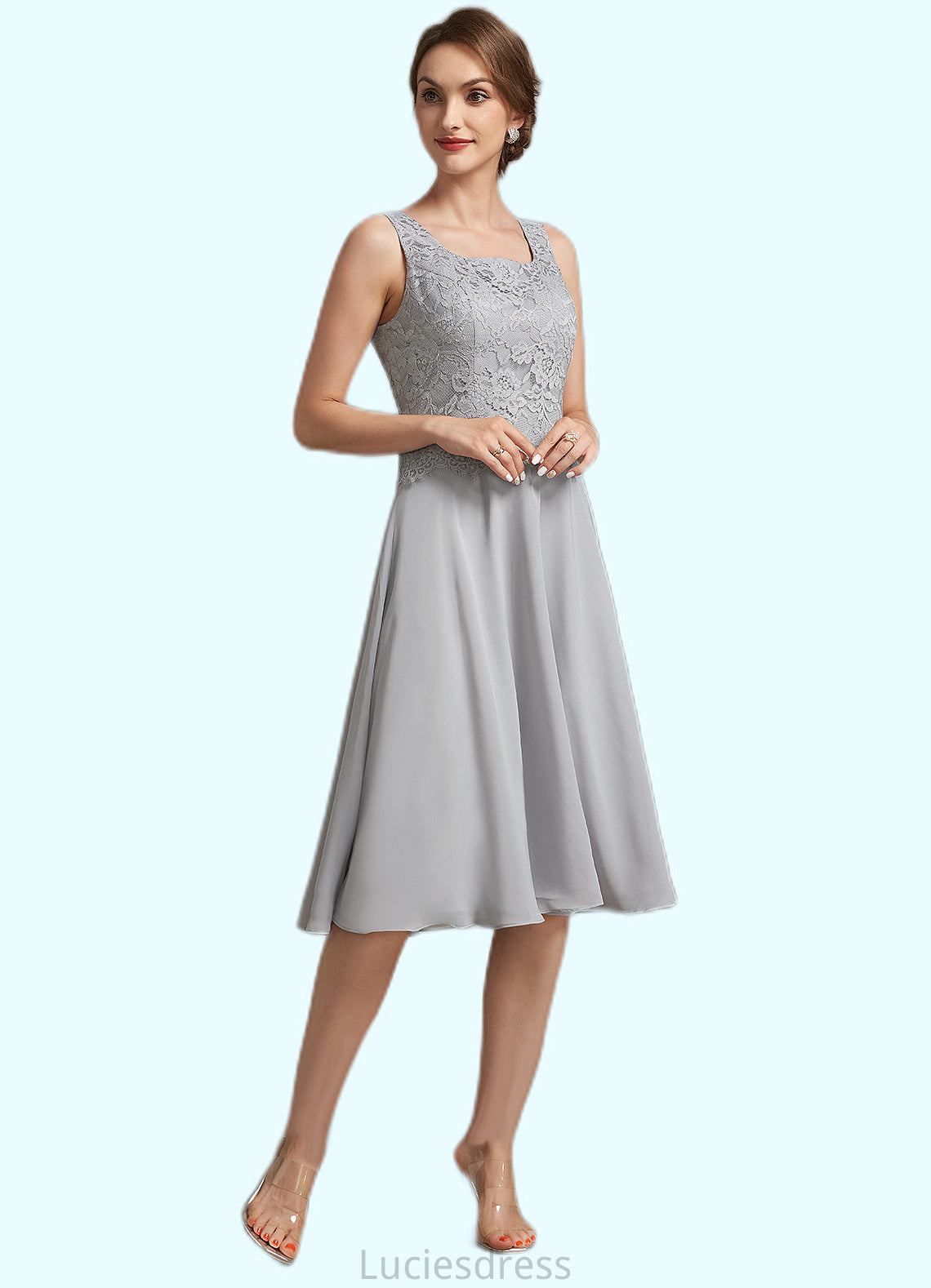 Madeleine A-Line Square Neckline Knee-Length Chiffon Lace Mother of the Bride Dress HF126P0014759