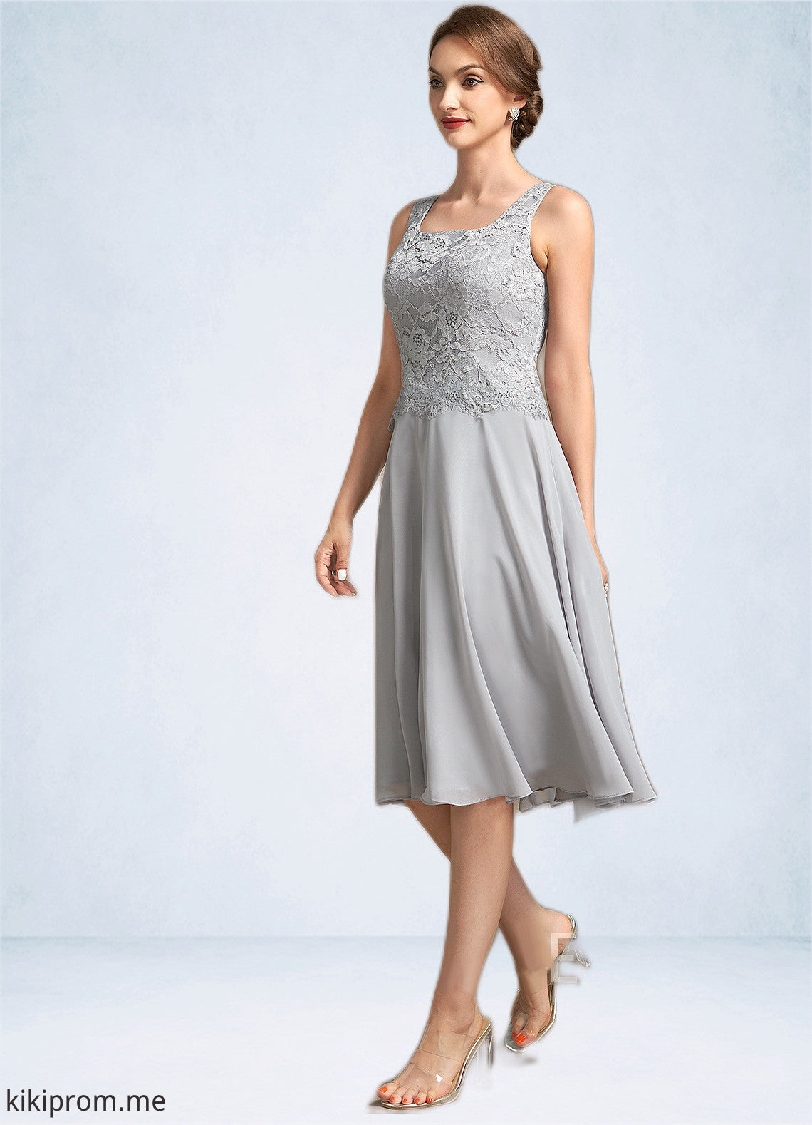 Amira A-Line Square Neckline Knee-Length Chiffon Lace Mother of the Bride Dress STF126P0014759