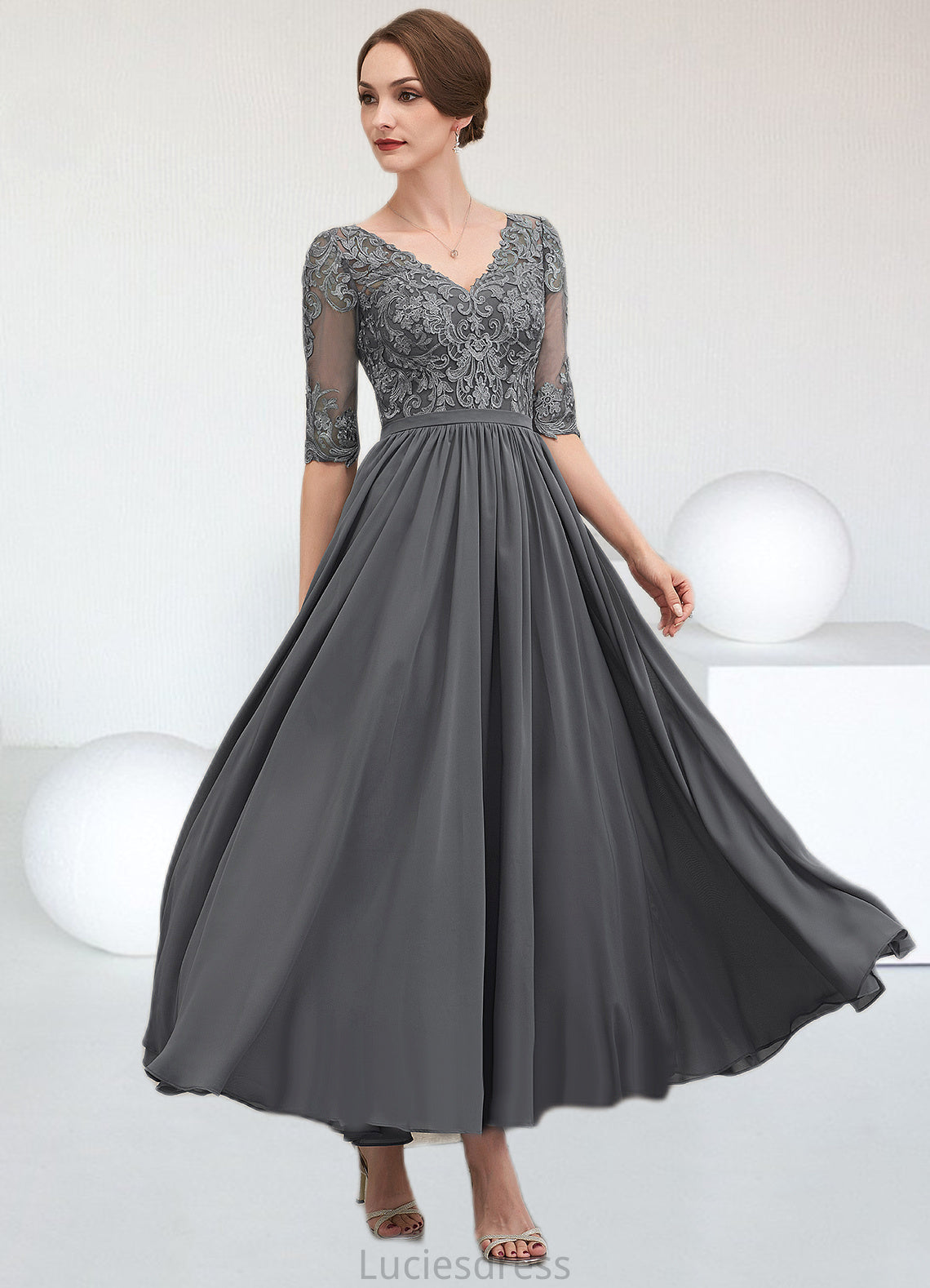 Sidney A-line V-Neck Ankle-Length Chiffon Lace Mother of the Bride Dress HF126P0014760