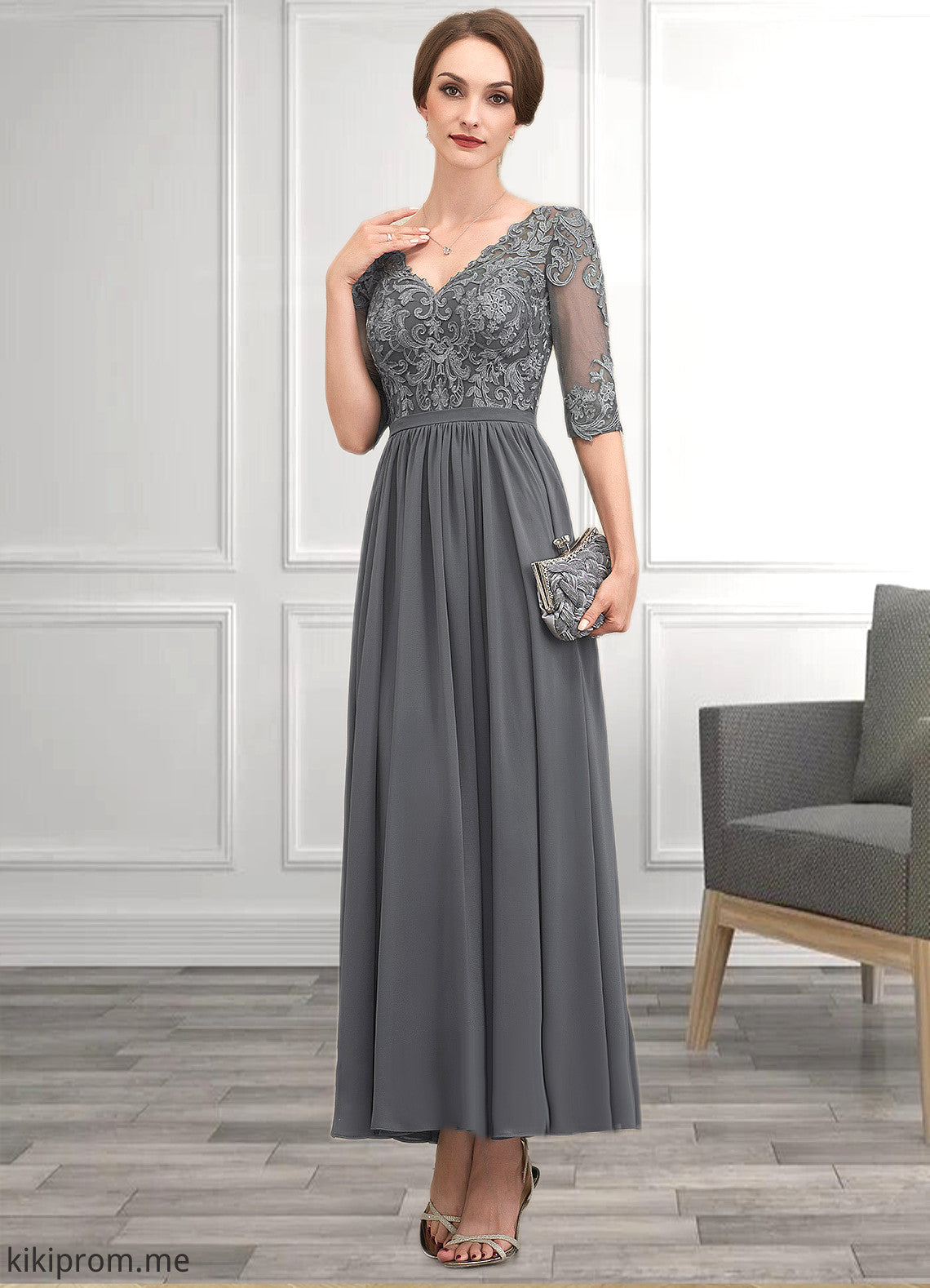 Nataly A-line V-Neck Ankle-Length Chiffon Lace Mother of the Bride Dress STF126P0014760