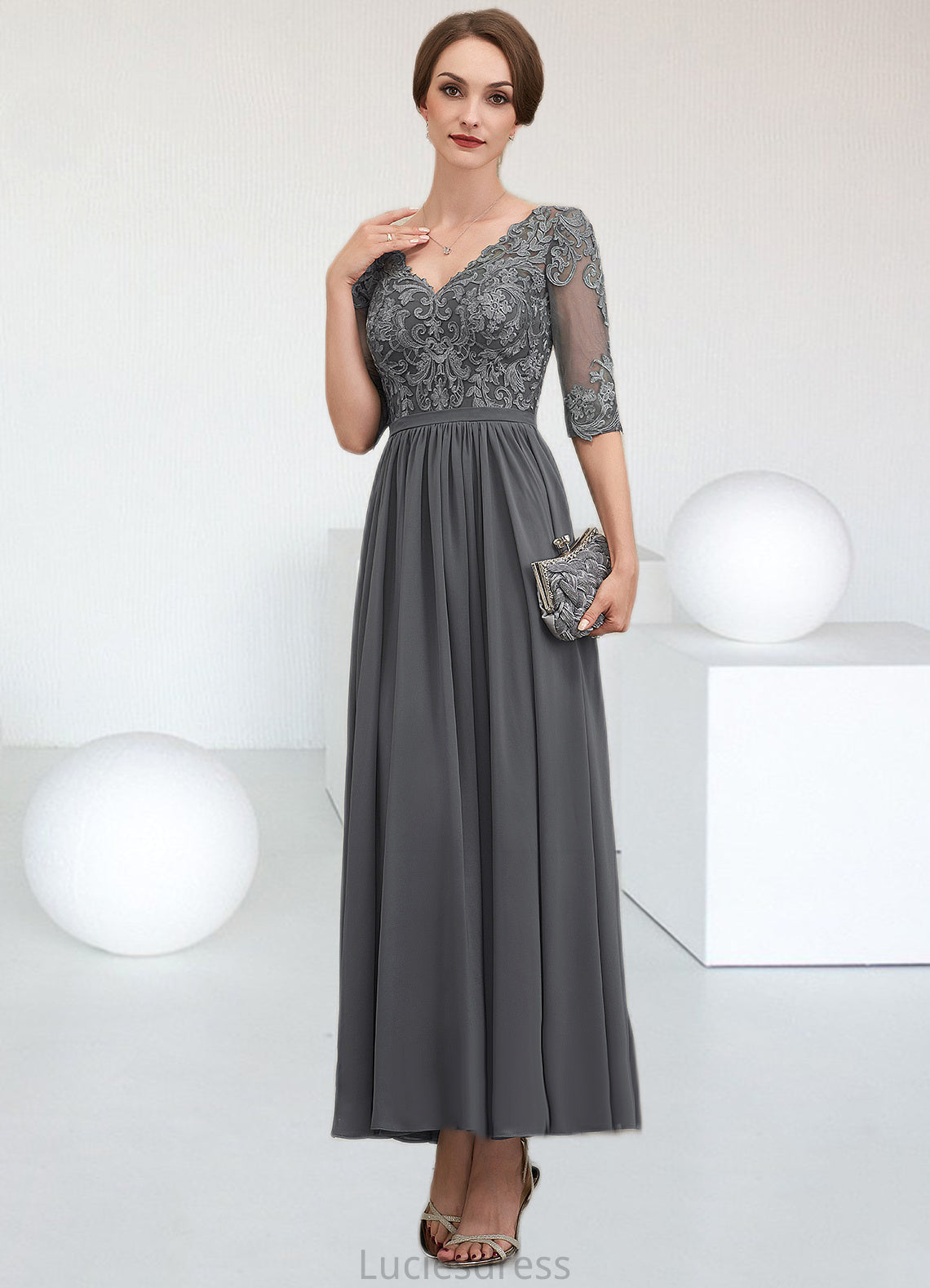 Sidney A-line V-Neck Ankle-Length Chiffon Lace Mother of the Bride Dress HF126P0014760