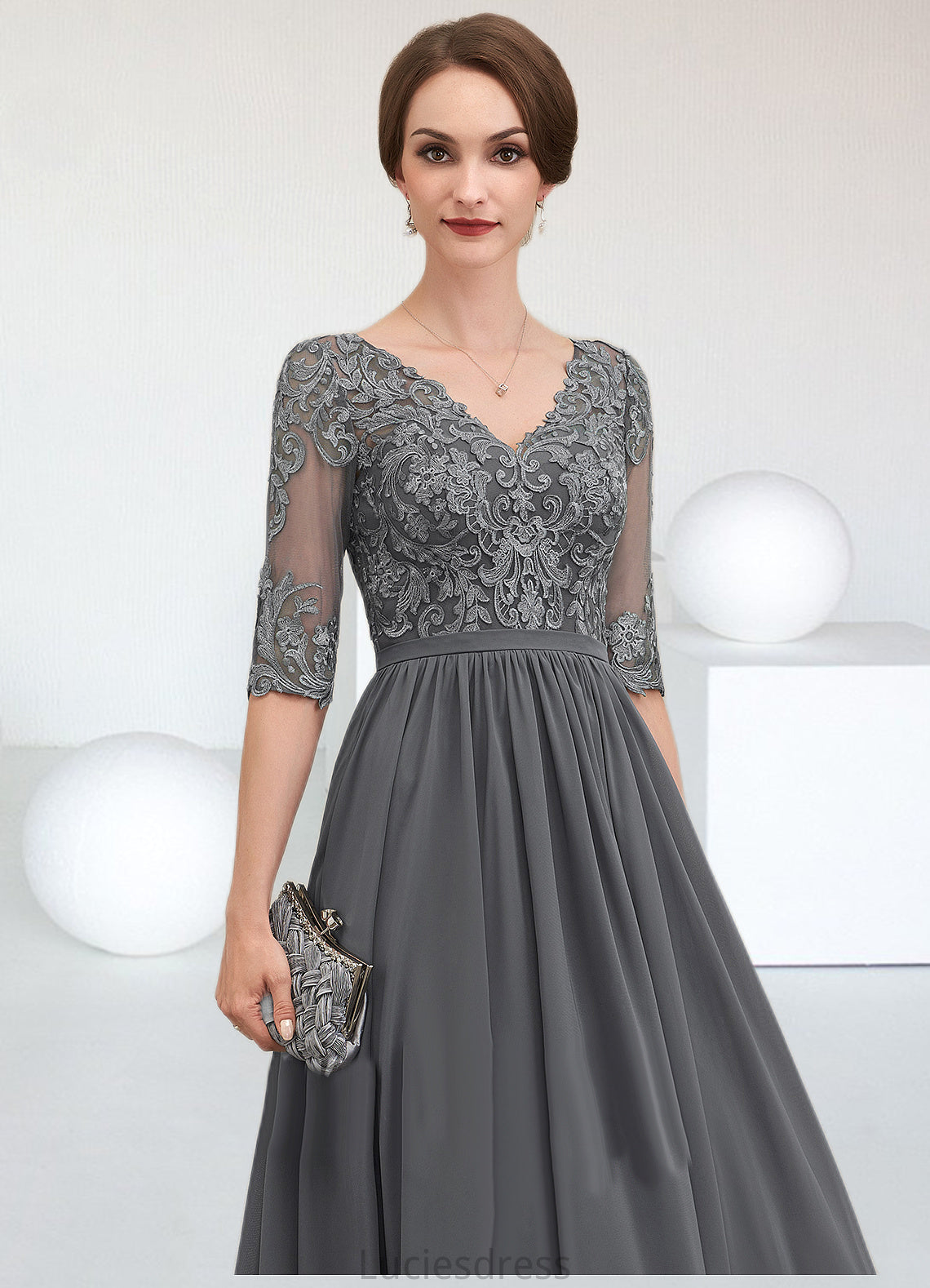 Sidney A-line V-Neck Ankle-Length Chiffon Lace Mother of the Bride Dress HF126P0014760