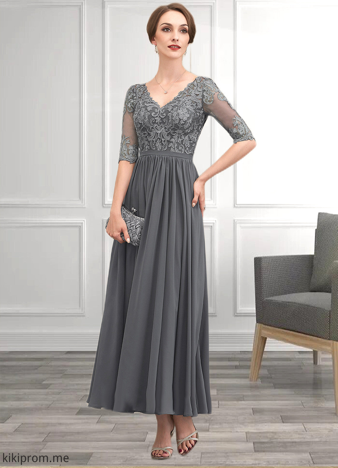 Nataly A-line V-Neck Ankle-Length Chiffon Lace Mother of the Bride Dress STF126P0014760