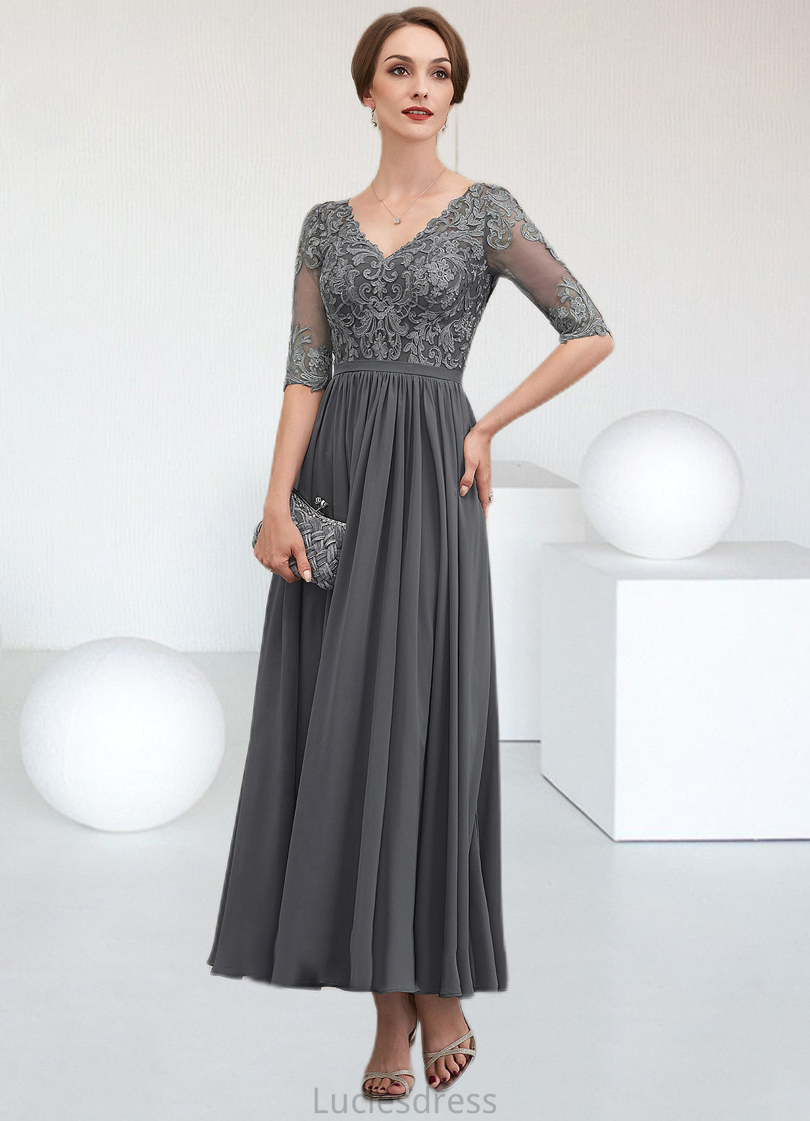 Sidney A-line V-Neck Ankle-Length Chiffon Lace Mother of the Bride Dress HF126P0014760