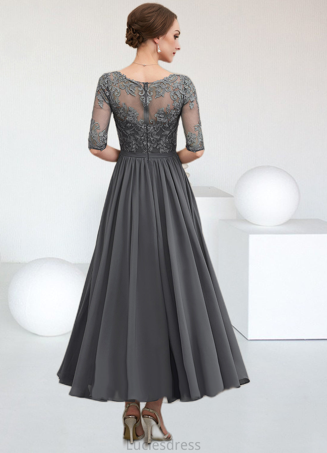 Sidney A-line V-Neck Ankle-Length Chiffon Lace Mother of the Bride Dress HF126P0014760