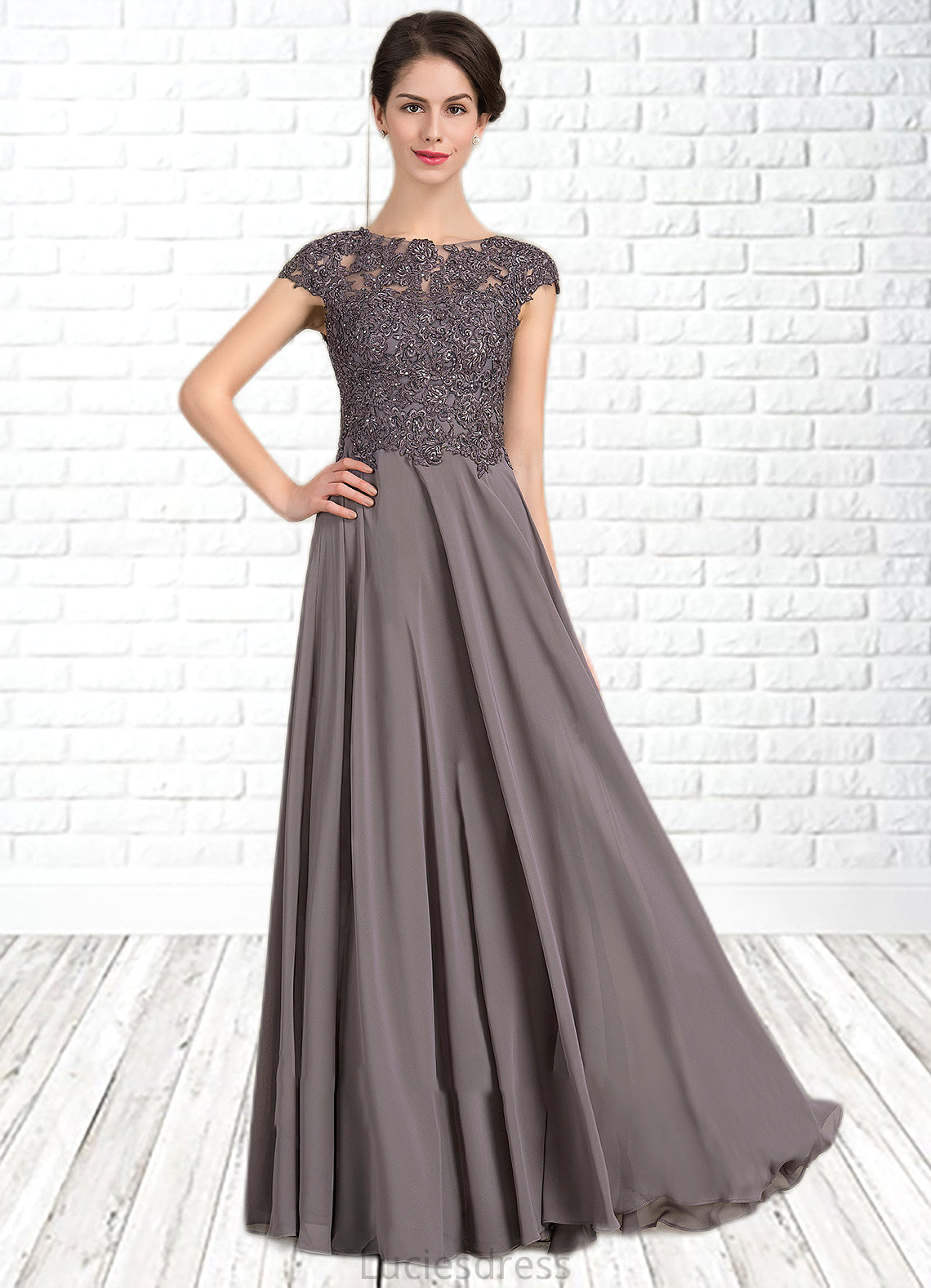 Aurora A-Line Scoop Neck Floor-Length Chiffon Lace Mother of the Bride Dress With Beading HF126P0014761