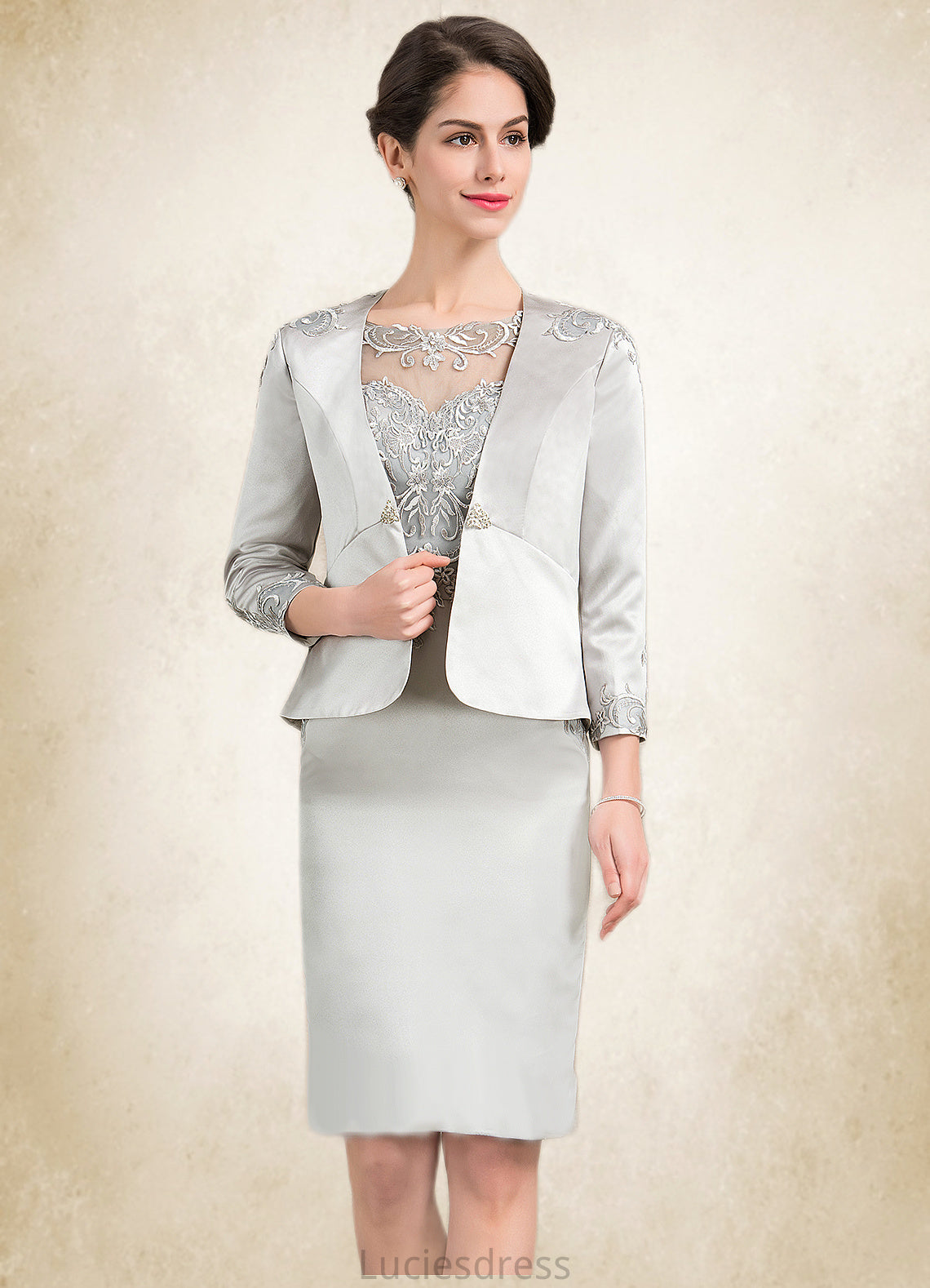 Skylar Sheath/Column Scoop Neck Knee-Length Satin Lace Mother of the Bride Dress HF126P0014762