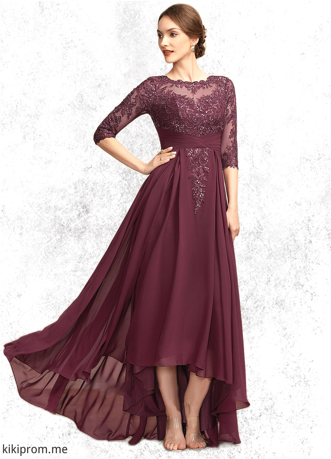 Ashlynn A-Line Scoop Neck Asymmetrical Chiffon Lace Mother of the Bride Dress With Ruffle Sequins STF126P0014765