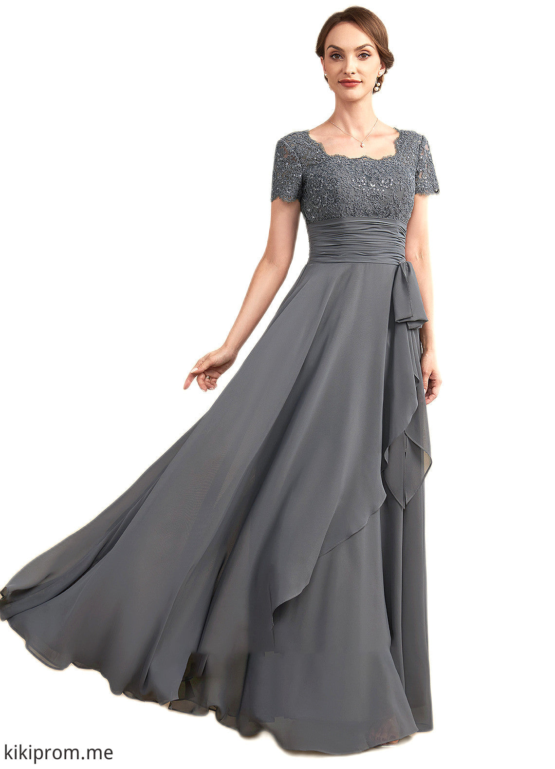 Jimena A-Line Square Neckline Floor-Length Chiffon Lace Mother of the Bride Dress With Ruffle Sequins STF126P0014770