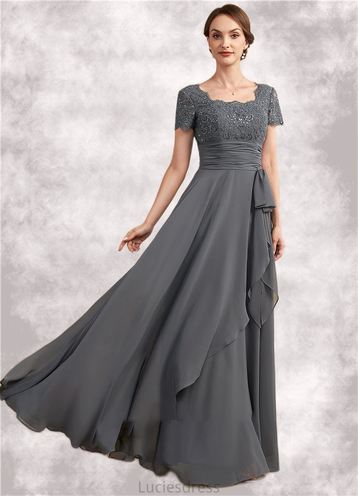 Beatrice A-Line Square Neckline Floor-Length Chiffon Lace Mother of the Bride Dress With Ruffle Sequins HF126P0014770