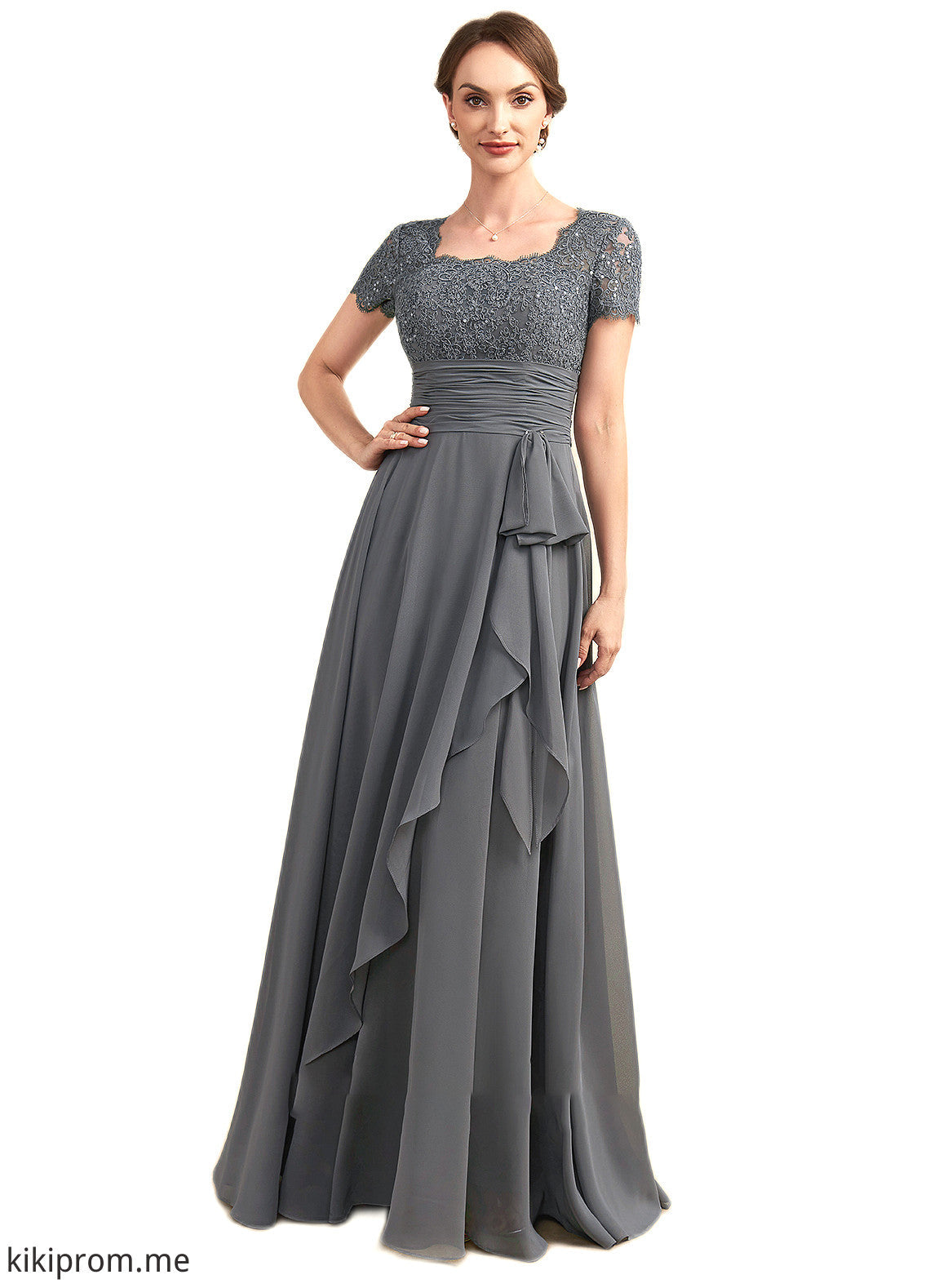 Jimena A-Line Square Neckline Floor-Length Chiffon Lace Mother of the Bride Dress With Ruffle Sequins STF126P0014770