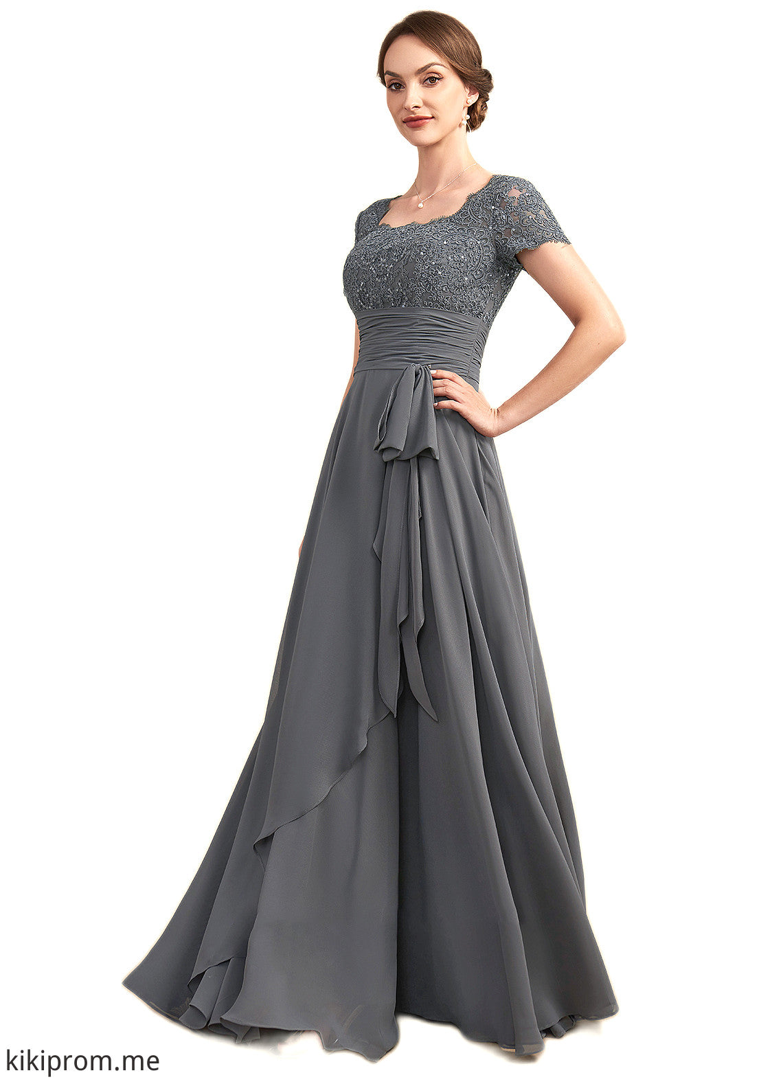 Jimena A-Line Square Neckline Floor-Length Chiffon Lace Mother of the Bride Dress With Ruffle Sequins STF126P0014770