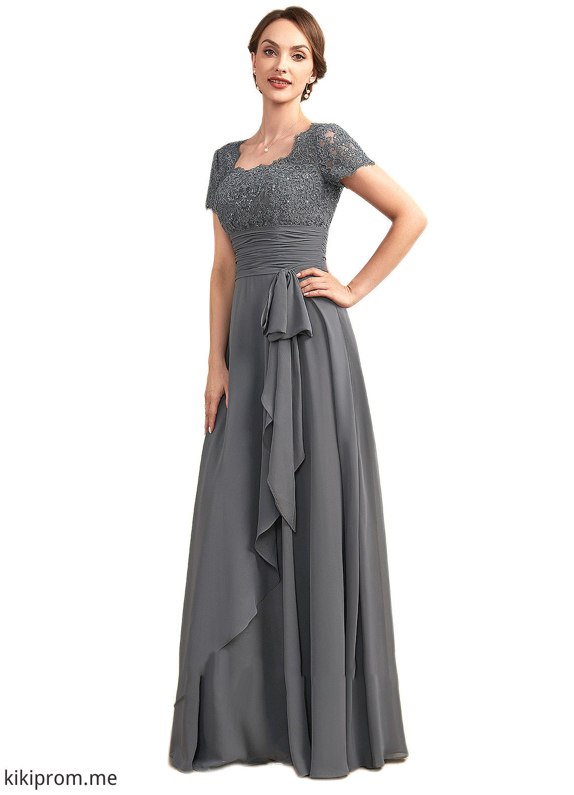 Jimena A-Line Square Neckline Floor-Length Chiffon Lace Mother of the Bride Dress With Ruffle Sequins STF126P0014770