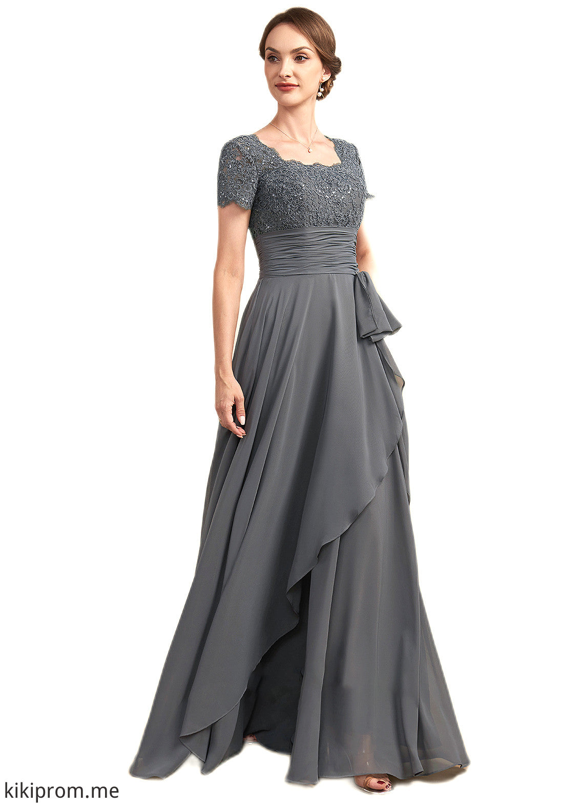 Jimena A-Line Square Neckline Floor-Length Chiffon Lace Mother of the Bride Dress With Ruffle Sequins STF126P0014770