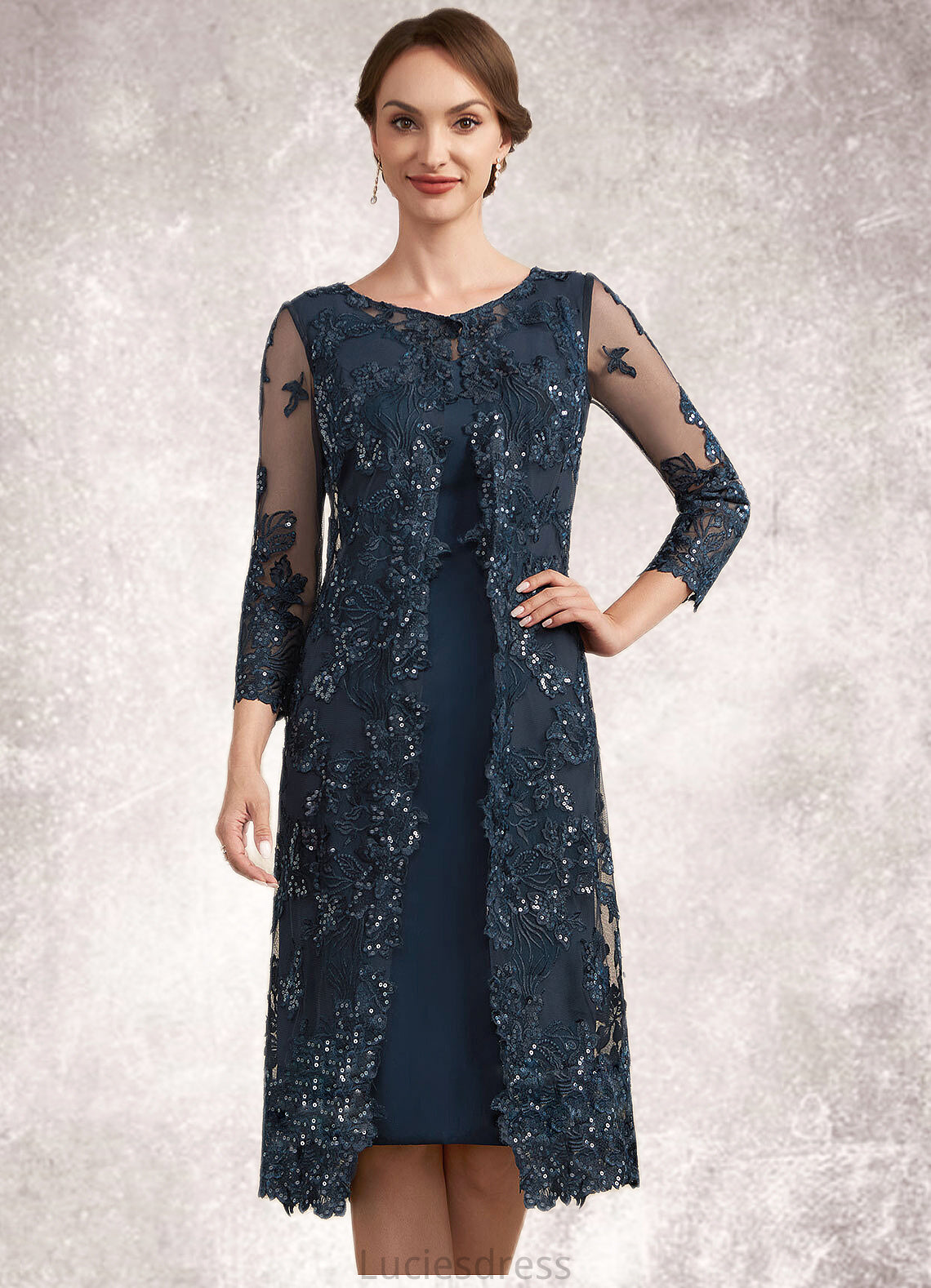 Julianne Sheath/Column Scoop Neck Knee-Length Chiffon Lace Mother of the Bride Dress With Sequins HF126P0014771