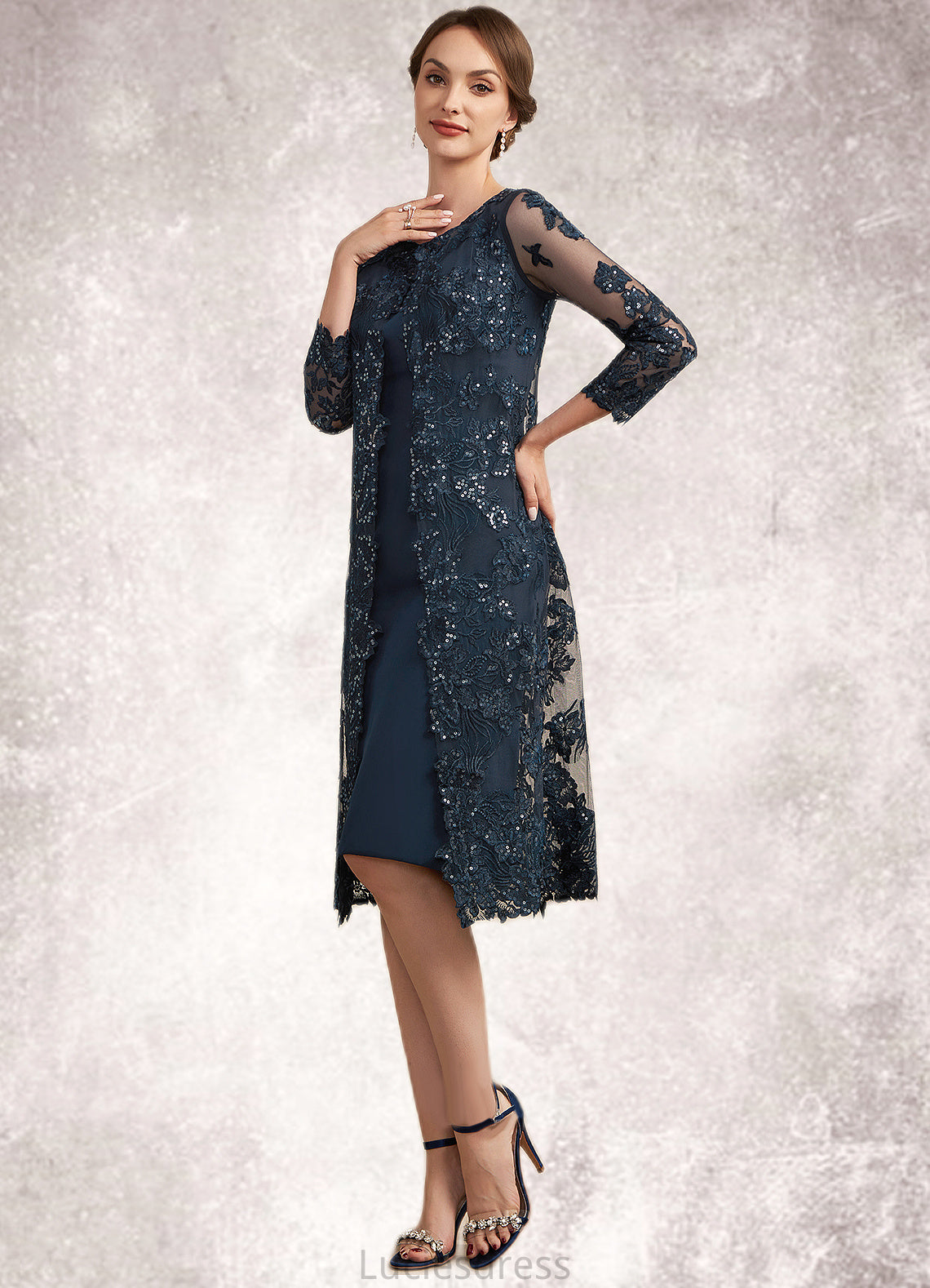 Julianne Sheath/Column Scoop Neck Knee-Length Chiffon Lace Mother of the Bride Dress With Sequins HF126P0014771