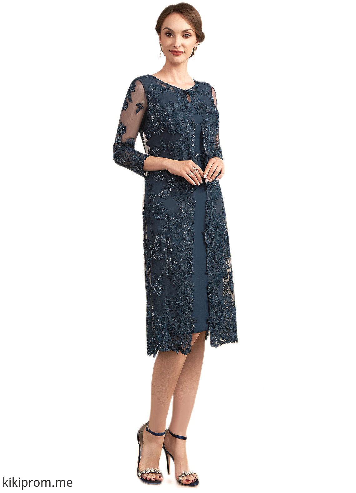 Elsa Sheath/Column Scoop Neck Knee-Length Chiffon Lace Mother of the Bride Dress With Sequins STF126P0014771