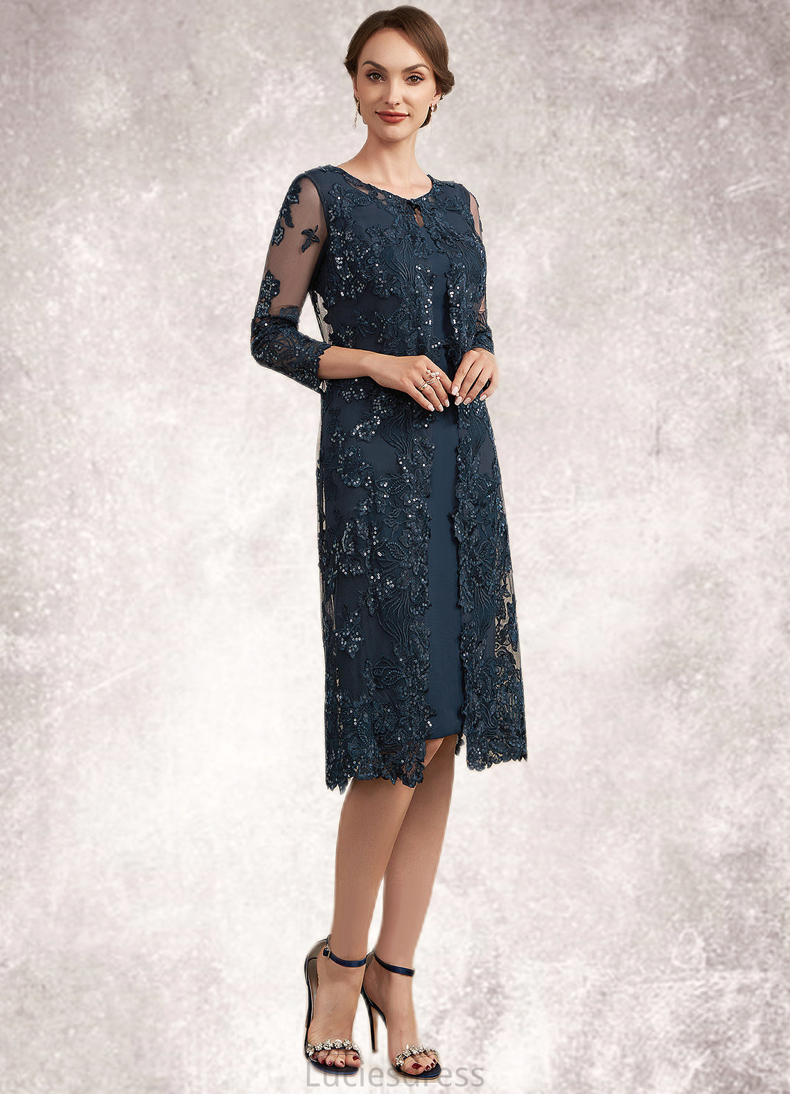 Julianne Sheath/Column Scoop Neck Knee-Length Chiffon Lace Mother of the Bride Dress With Sequins HF126P0014771