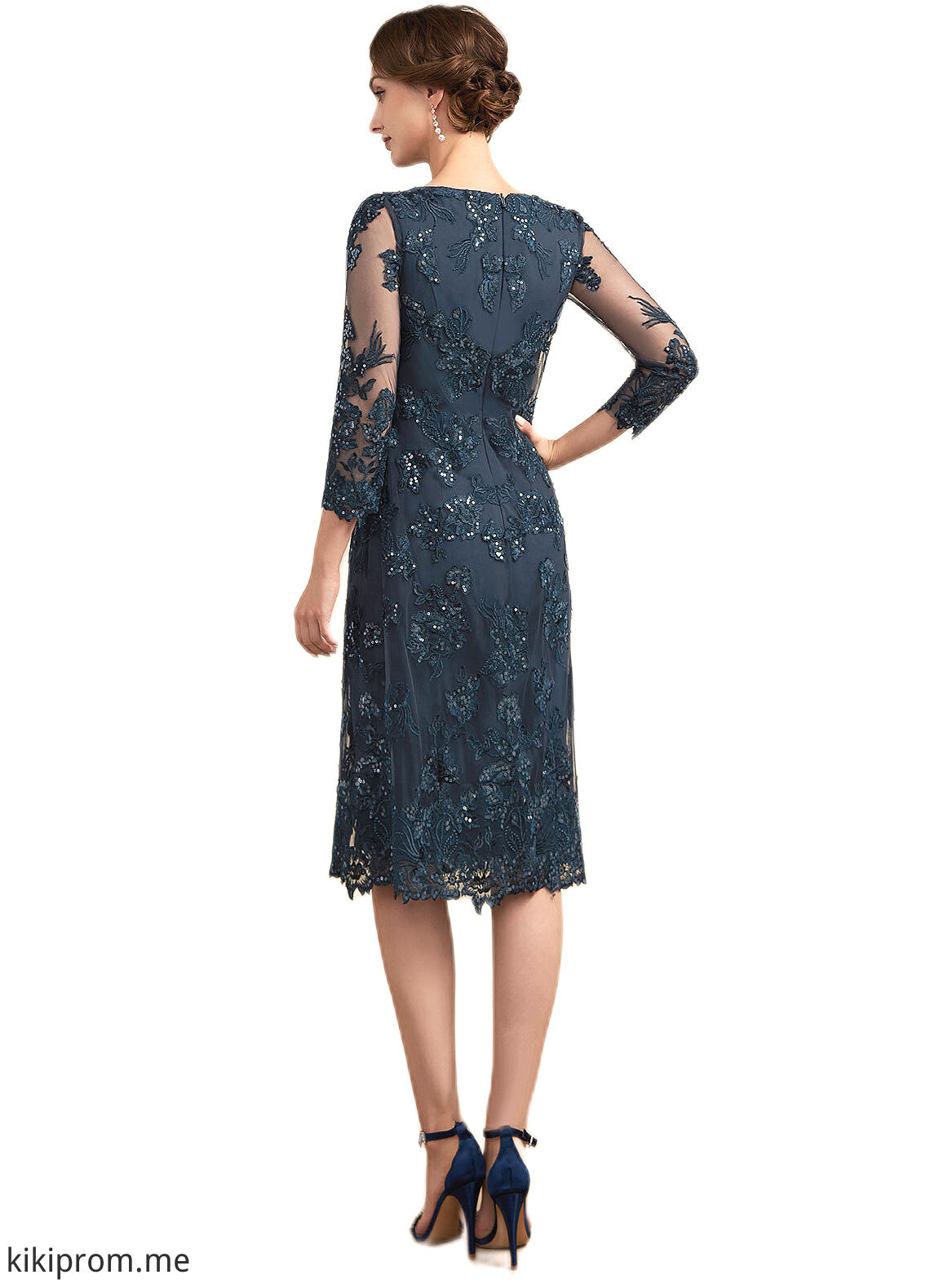 Elsa Sheath/Column Scoop Neck Knee-Length Chiffon Lace Mother of the Bride Dress With Sequins STF126P0014771