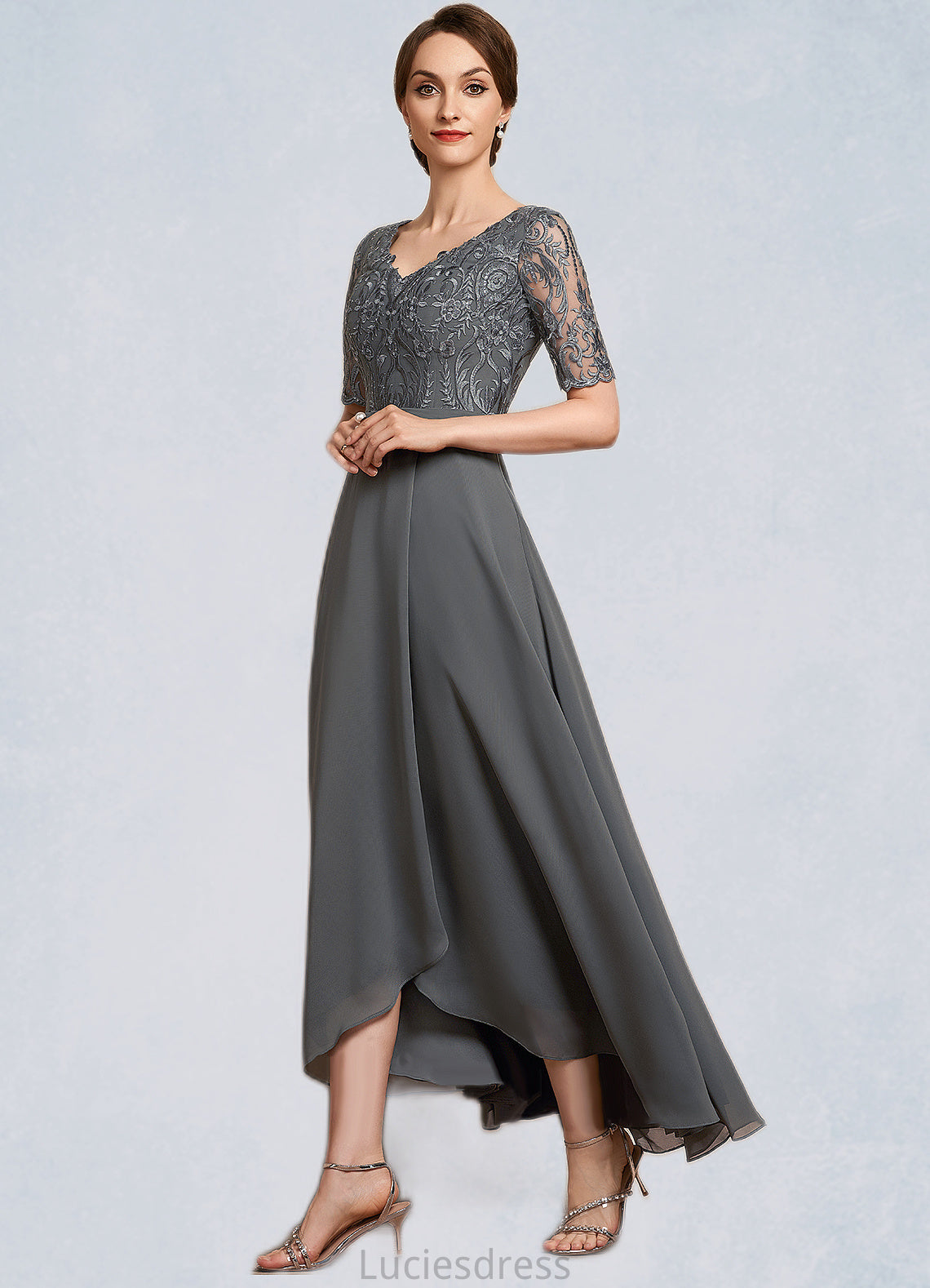 EmeryPiper A-Line V-neck Asymmetrical Chiffon Lace Mother of the Bride Dress HF126P0014772