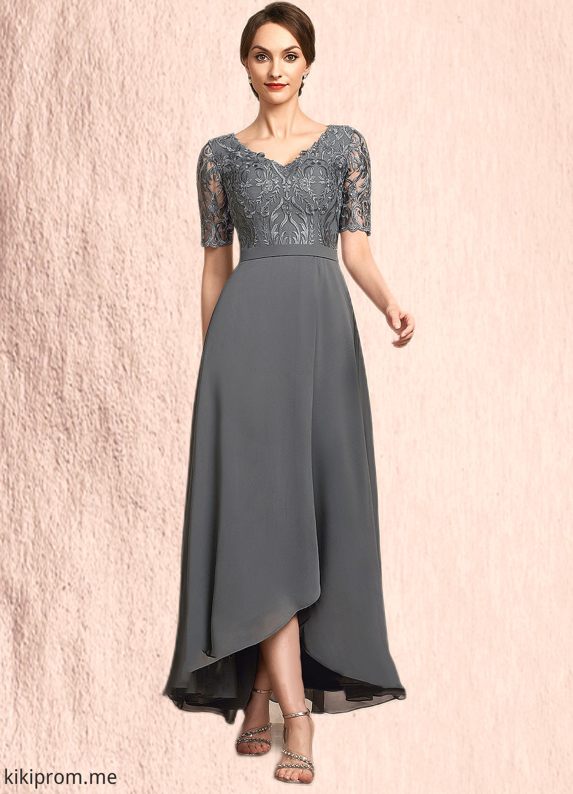 Addison A-Line V-neck Asymmetrical Chiffon Lace Mother of the Bride Dress STF126P0014772