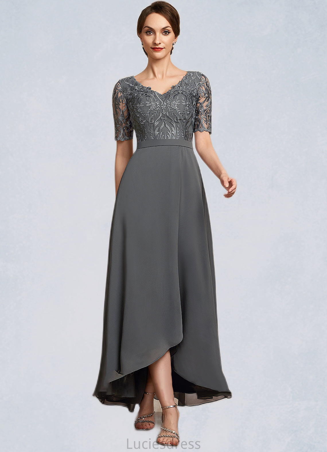 EmeryPiper A-Line V-neck Asymmetrical Chiffon Lace Mother of the Bride Dress HF126P0014772