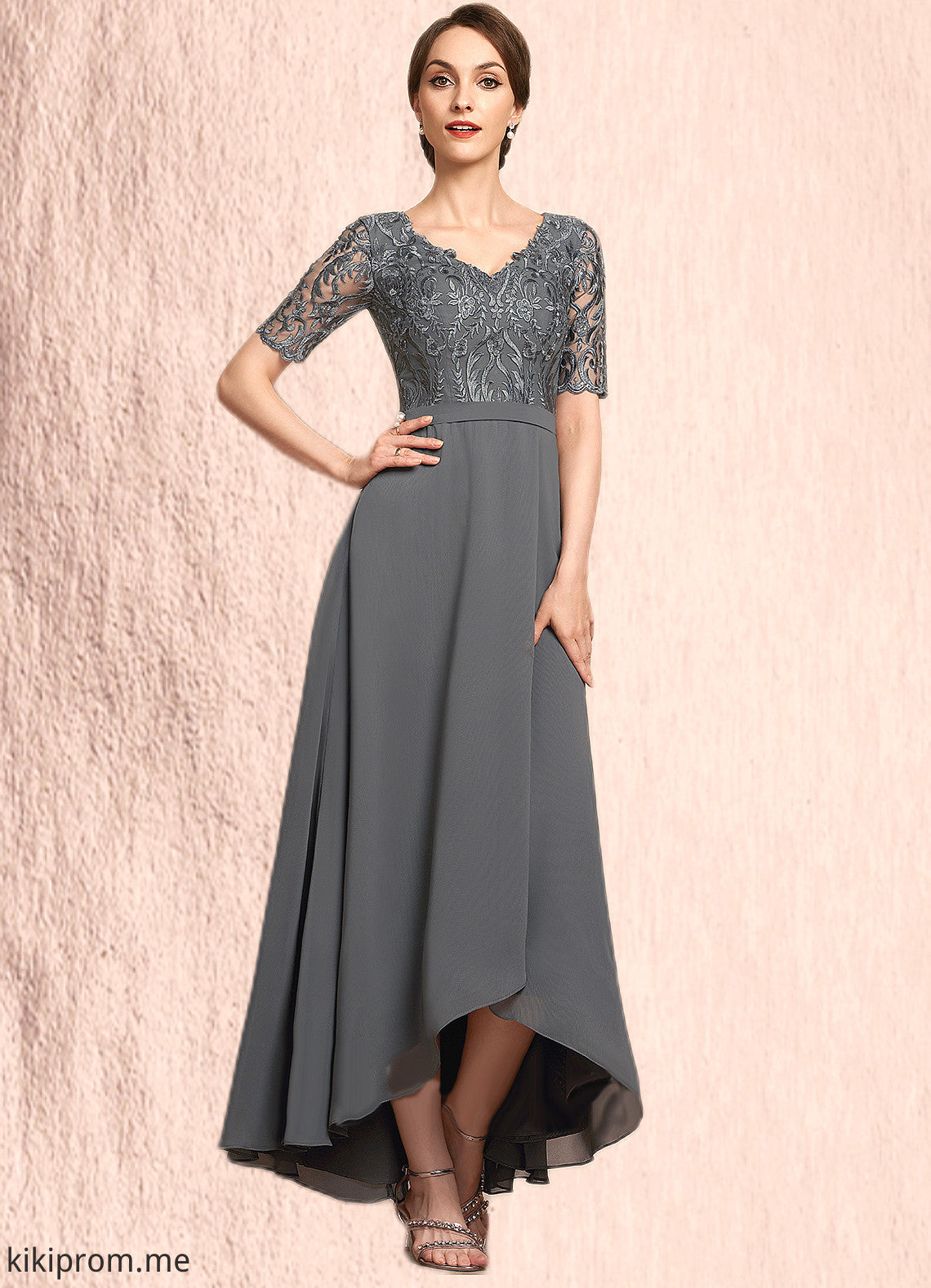 Addison A-Line V-neck Asymmetrical Chiffon Lace Mother of the Bride Dress STF126P0014772