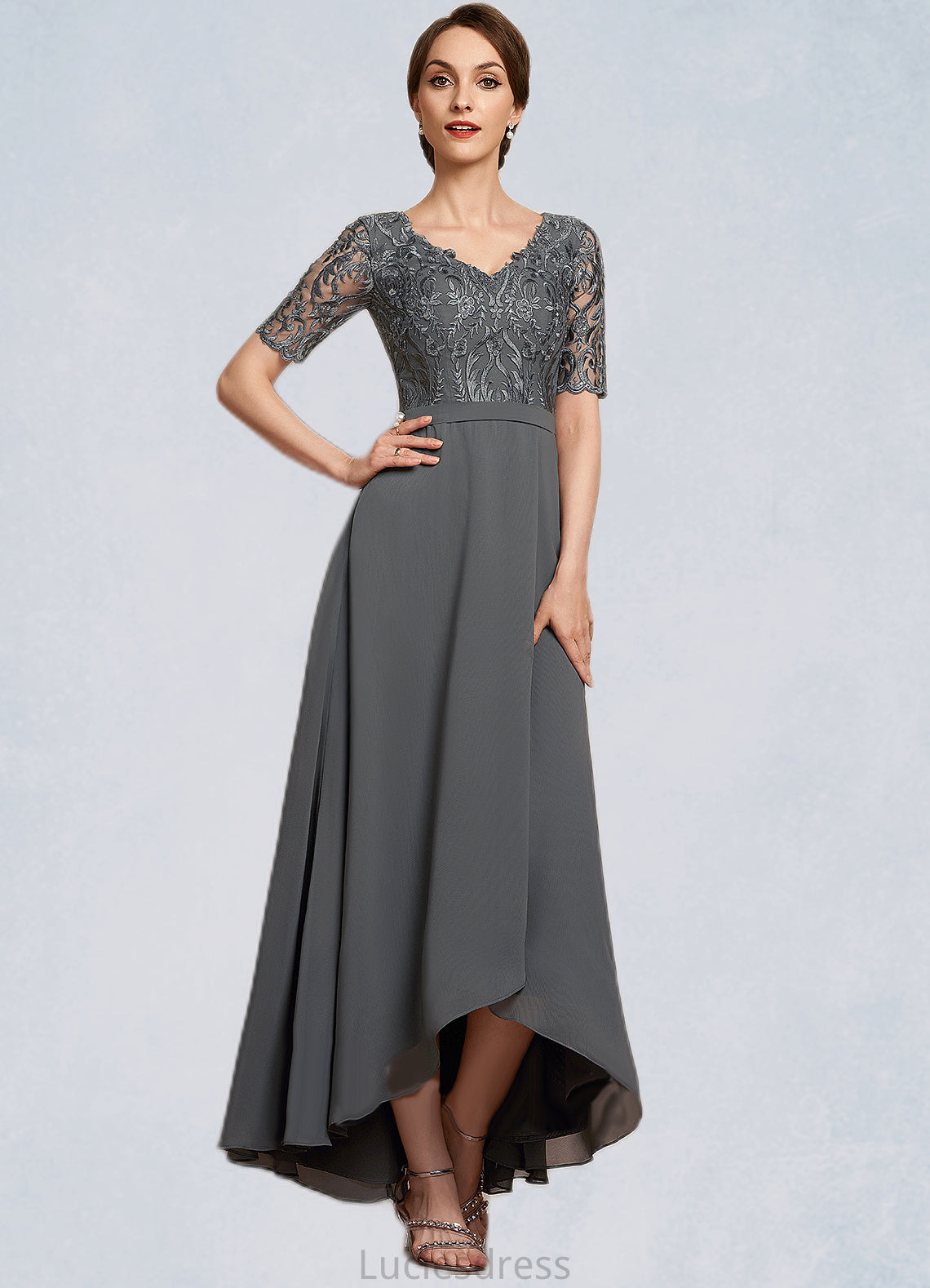 EmeryPiper A-Line V-neck Asymmetrical Chiffon Lace Mother of the Bride Dress HF126P0014772