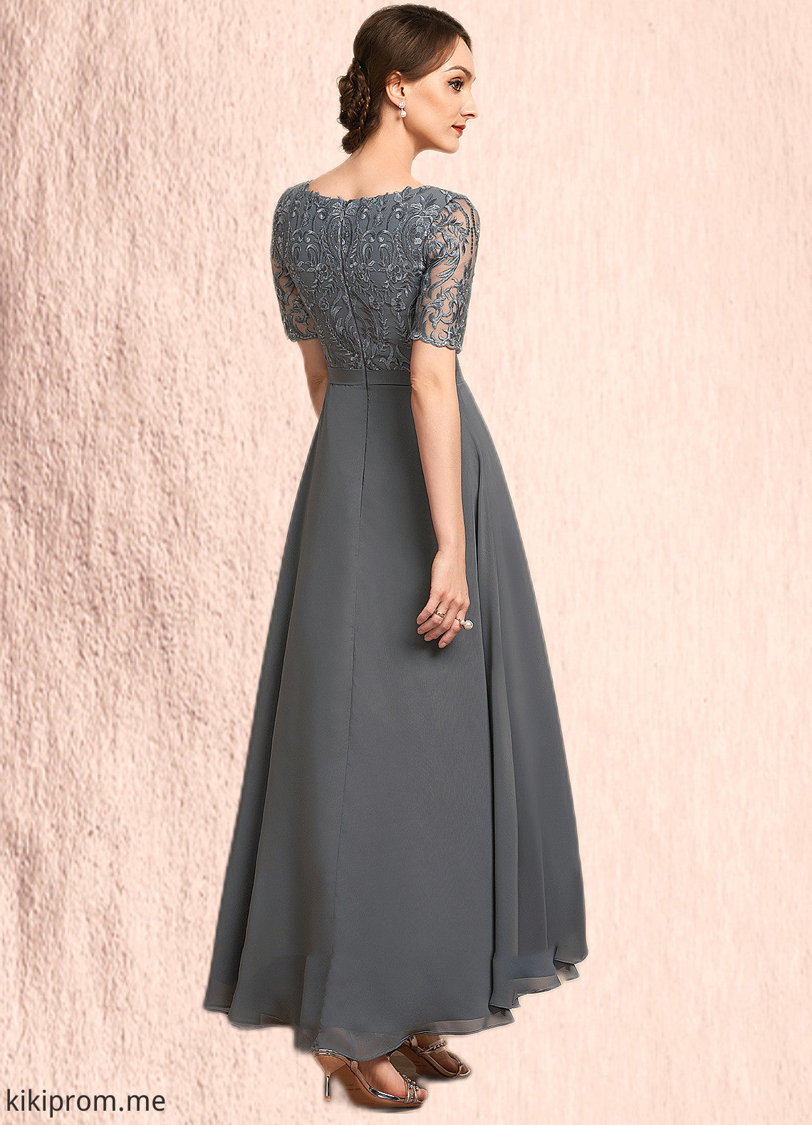 Addison A-Line V-neck Asymmetrical Chiffon Lace Mother of the Bride Dress STF126P0014772