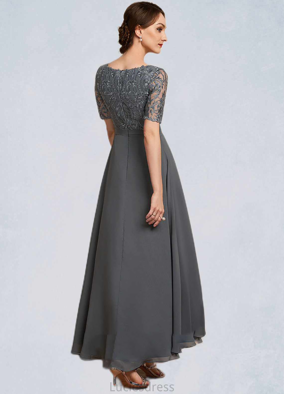 EmeryPiper A-Line V-neck Asymmetrical Chiffon Lace Mother of the Bride Dress HF126P0014772