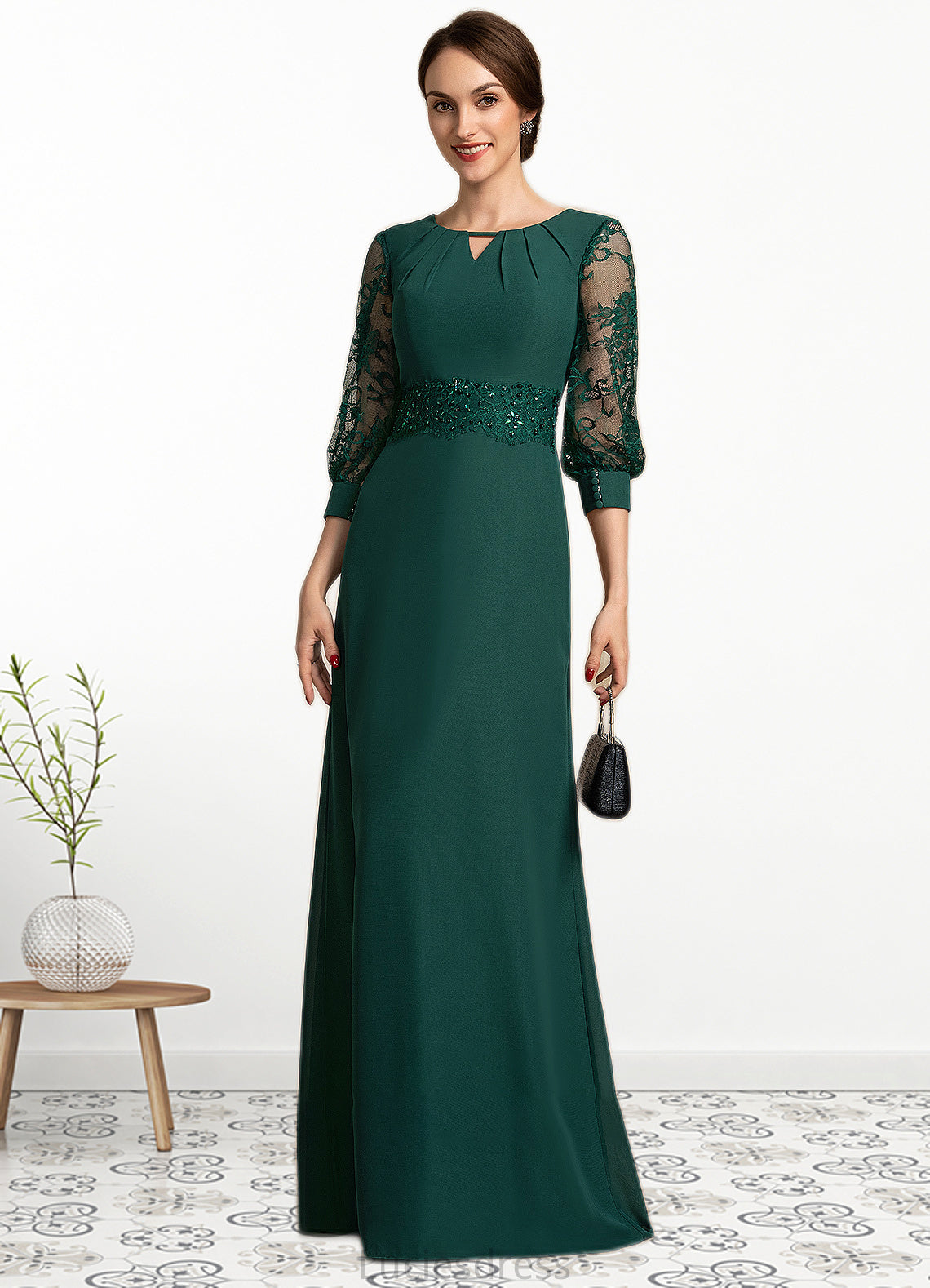 Kianna A-Line Scoop Neck Floor-Length Chiffon Lace Mother of the Bride Dress With Beading Sequins HF126P0014773