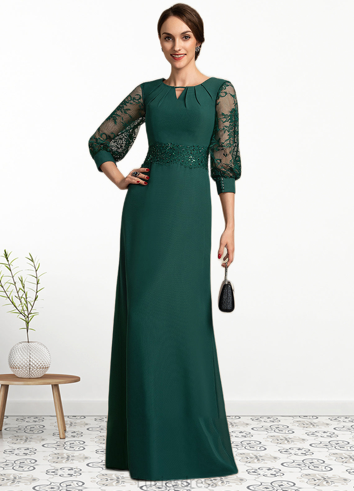 Kianna A-Line Scoop Neck Floor-Length Chiffon Lace Mother of the Bride Dress With Beading Sequins HF126P0014773