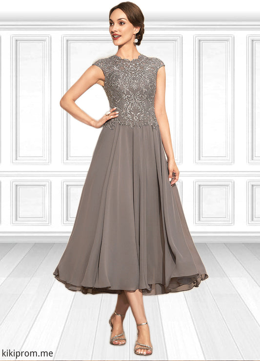 Dylan A-Line Scoop Neck Tea-Length Chiffon Lace Mother of the Bride Dress With Beading STF126P0014774