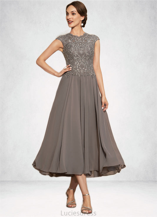 Alyson A-Line Scoop Neck Tea-Length Chiffon Lace Mother of the Bride Dress With Beading HF126P0014774